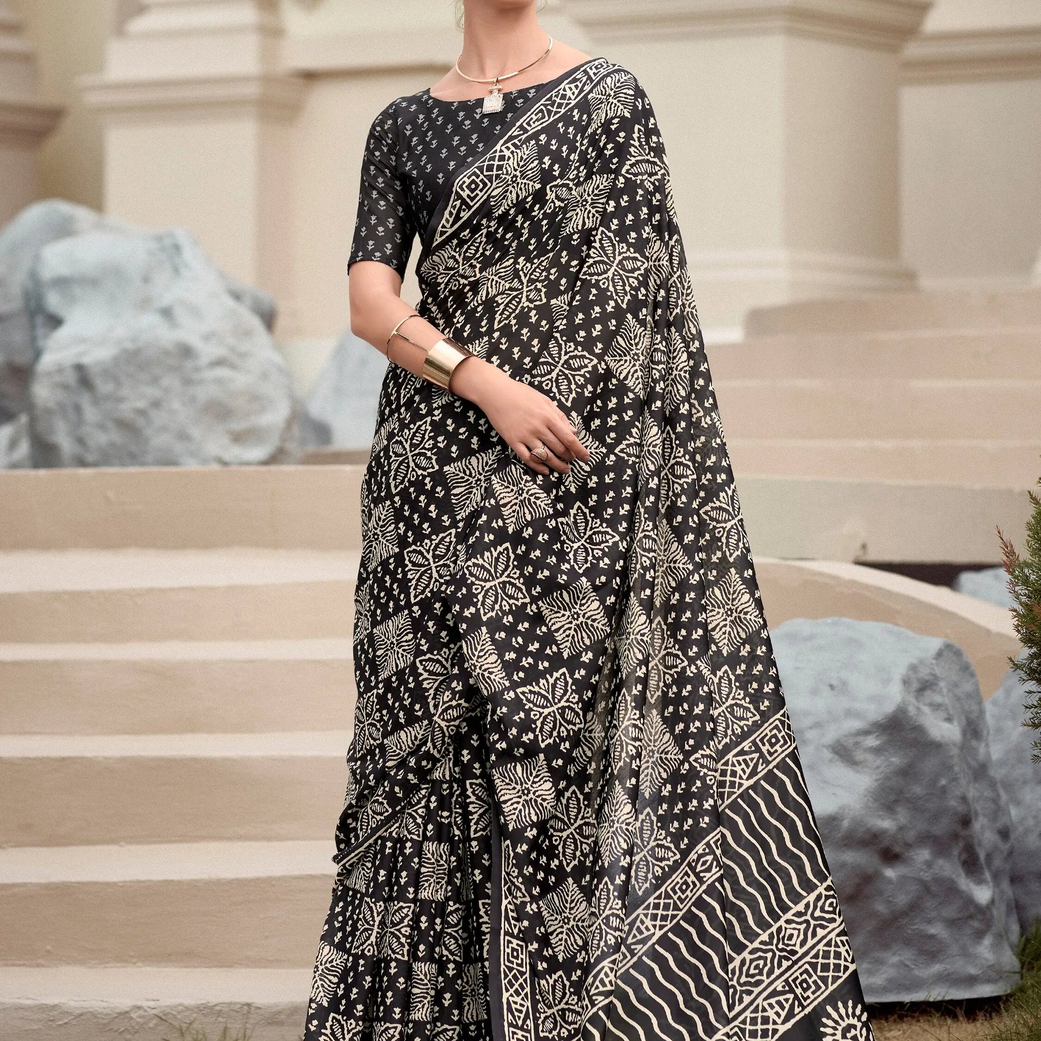 Glamorous Black Printed Silk Event Wear Saree With Blouse - Zeel Clothing