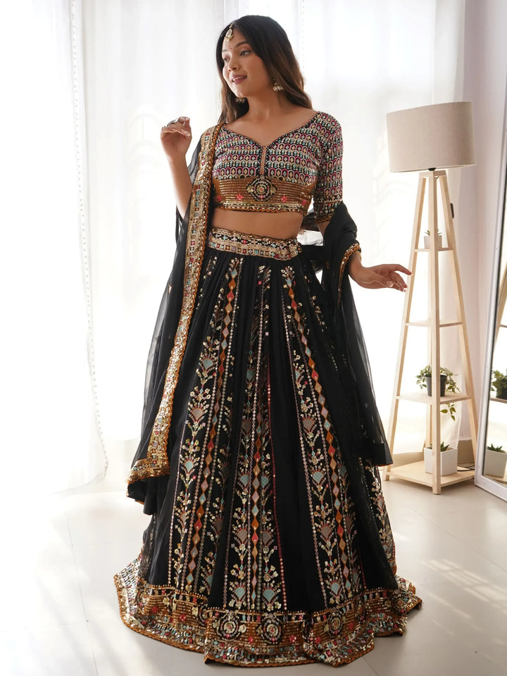 Glamorous Black Thread Embroidered Georgette Sangeet Wear Lehenga Choli - Zeel Clothing