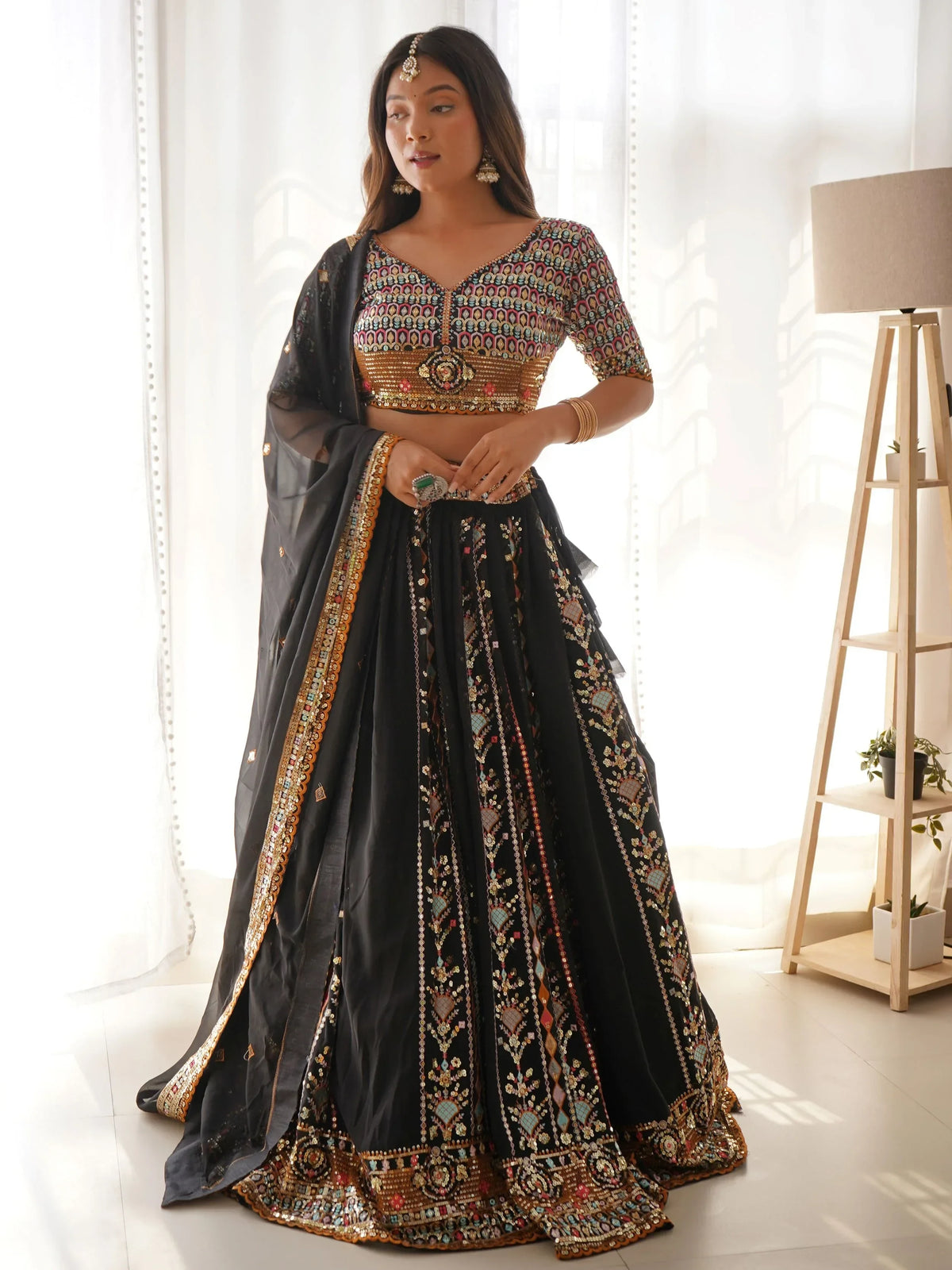 Glamorous Black Thread Embroidered Georgette Sangeet Wear Lehenga Choli - Zeel Clothing