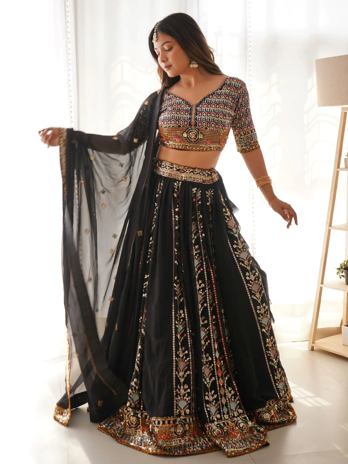 Glamorous Black Thread Embroidered Georgette Sangeet Wear Lehenga Choli - Zeel Clothing