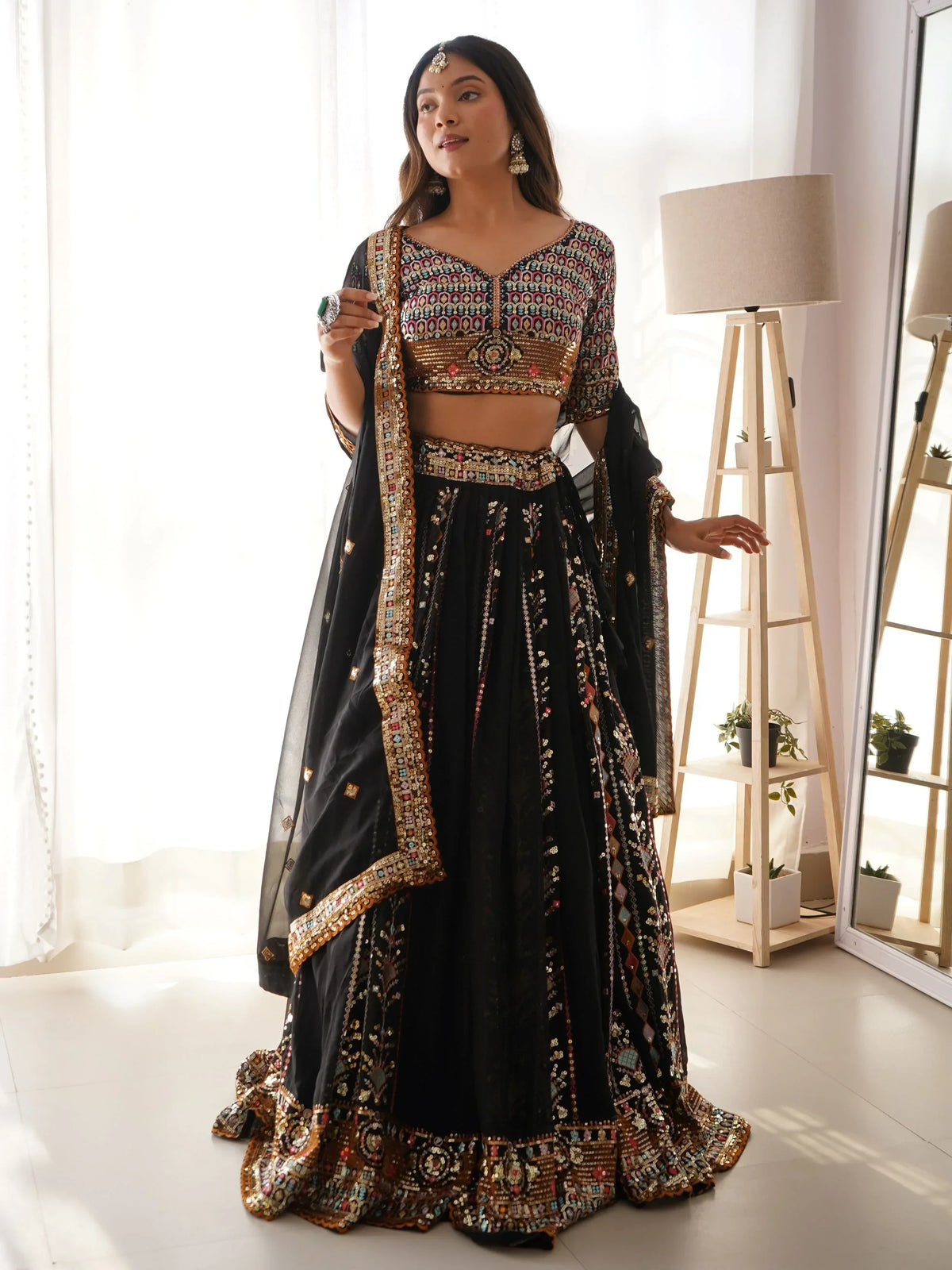 Glamorous Black Thread Embroidered Georgette Sangeet Wear Lehenga Choli - Zeel Clothing