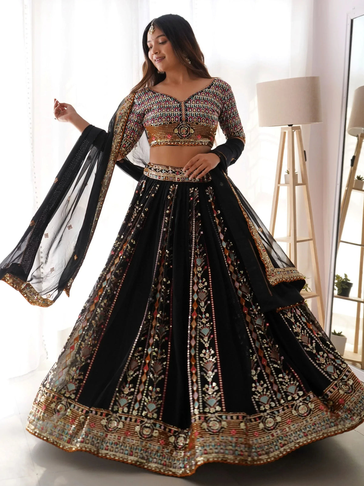 Glamorous Black Thread Embroidered Georgette Sangeet Wear Lehenga Choli - Zeel Clothing