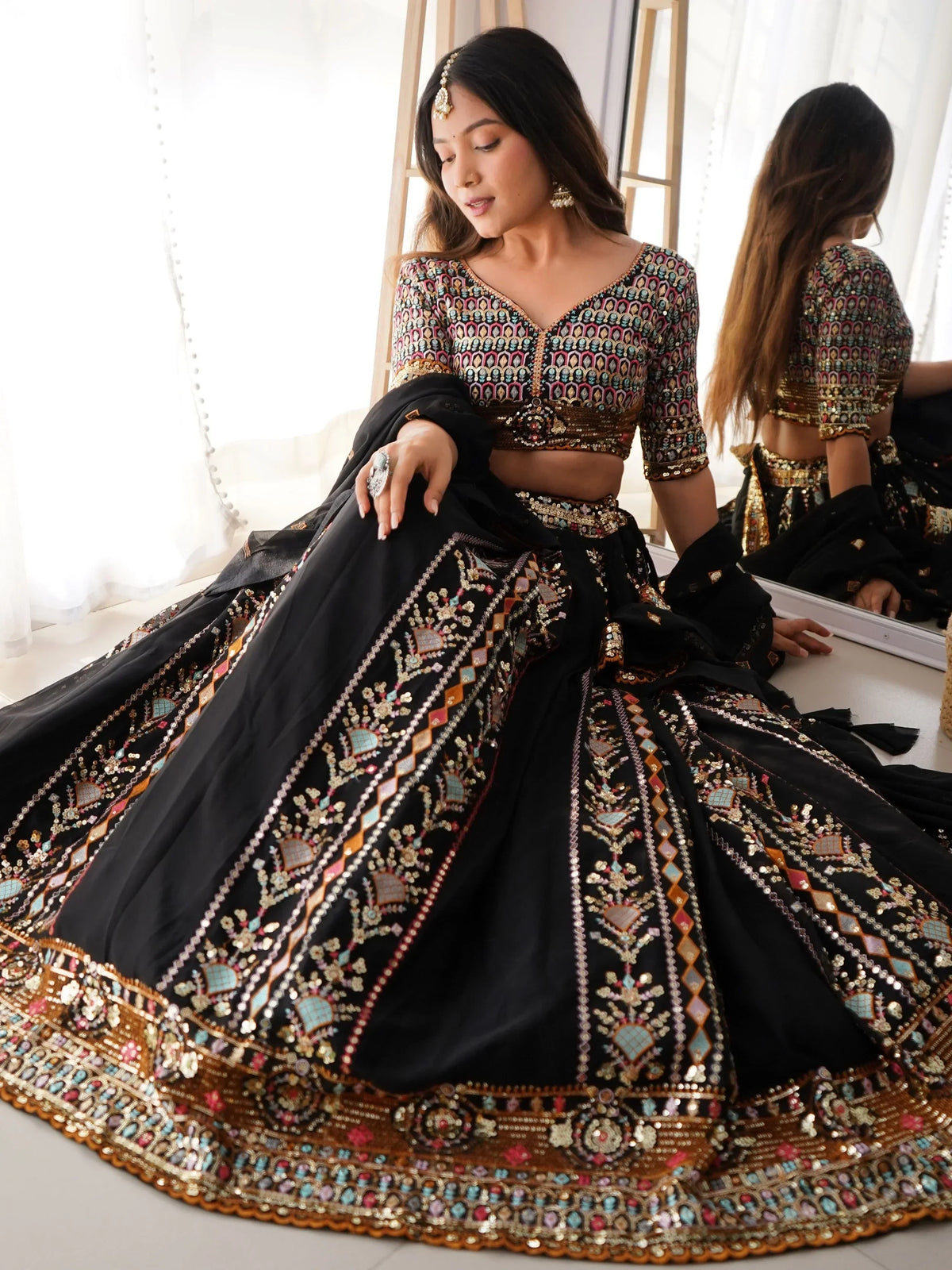 Glamorous Black Thread Embroidered Georgette Sangeet Wear Lehenga Choli - Zeel Clothing