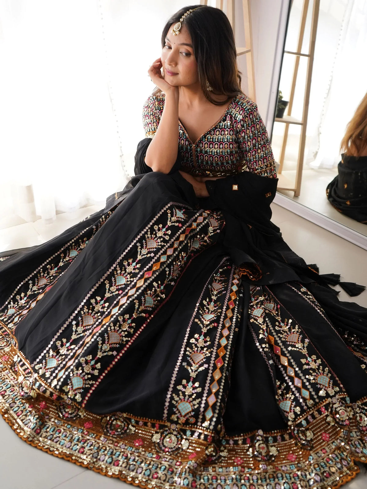 Glamorous Black Thread Embroidered Georgette Sangeet Wear Lehenga Choli - Zeel Clothing