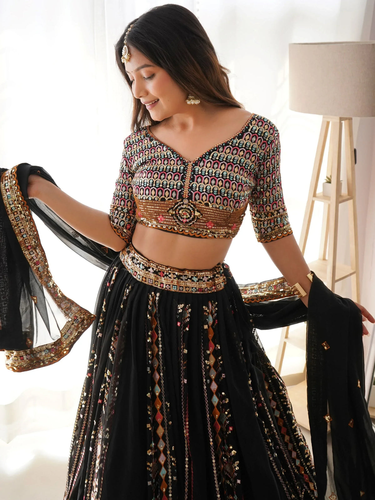 Glamorous Black Thread Embroidered Georgette Sangeet Wear Lehenga Choli - Zeel Clothing