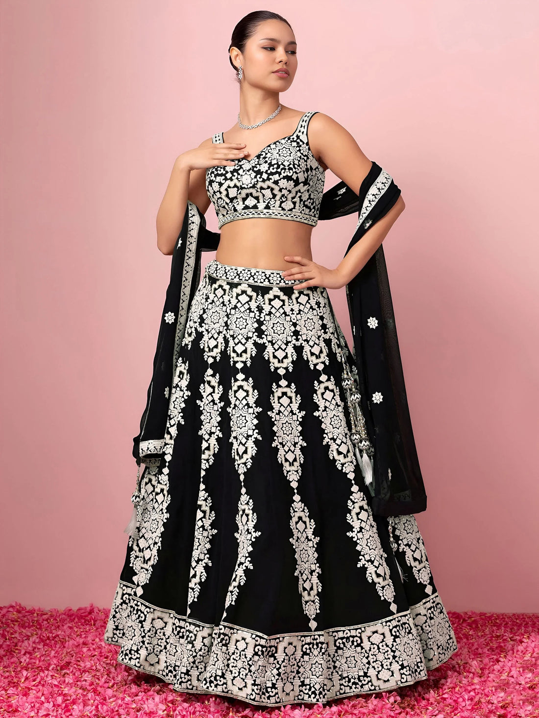 Glamorous Black Thread Work Georgette Traditional Wear Lehenga Choli