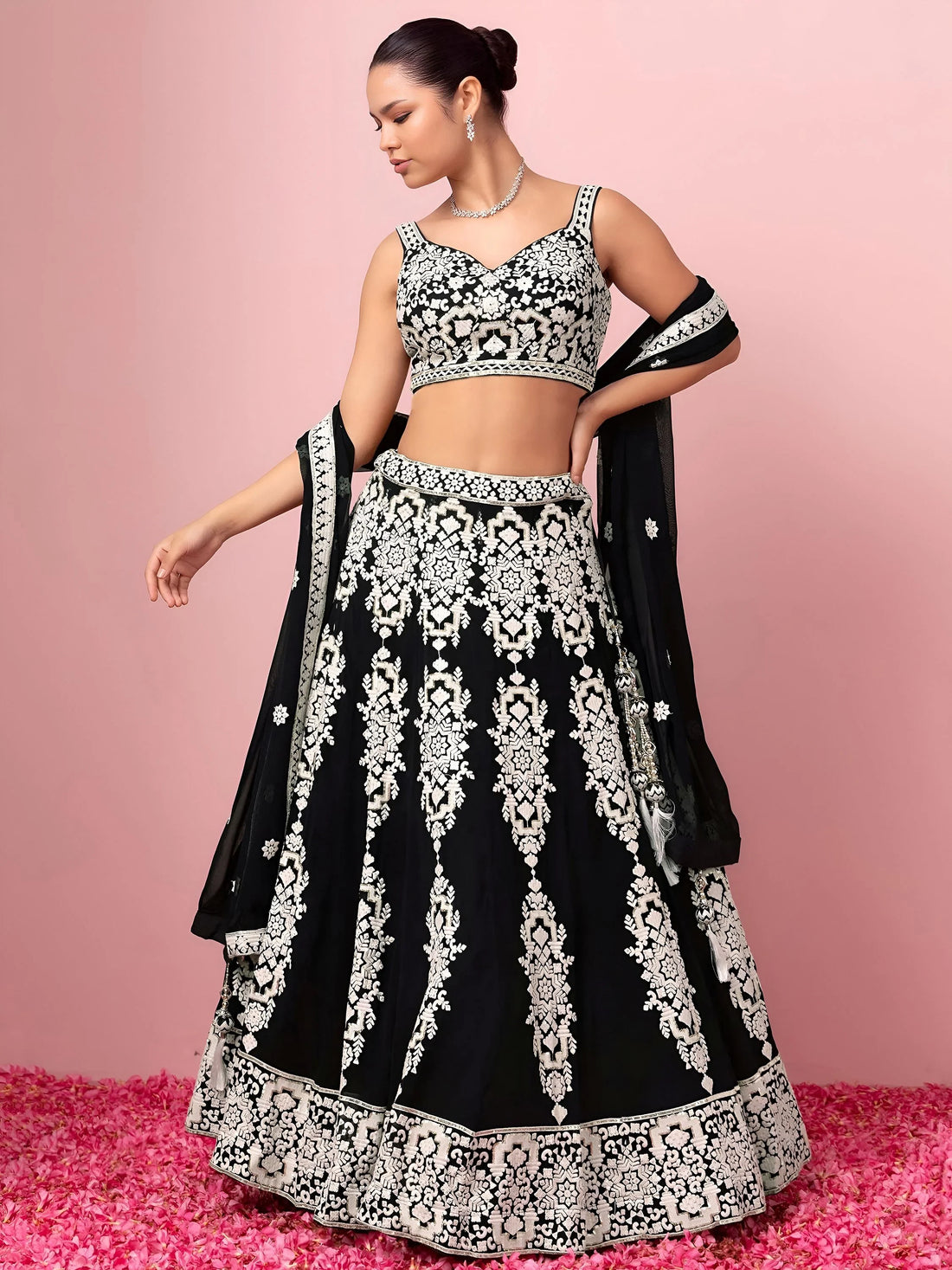 Glamorous Black Thread Work Georgette Traditional Wear Lehenga Choli