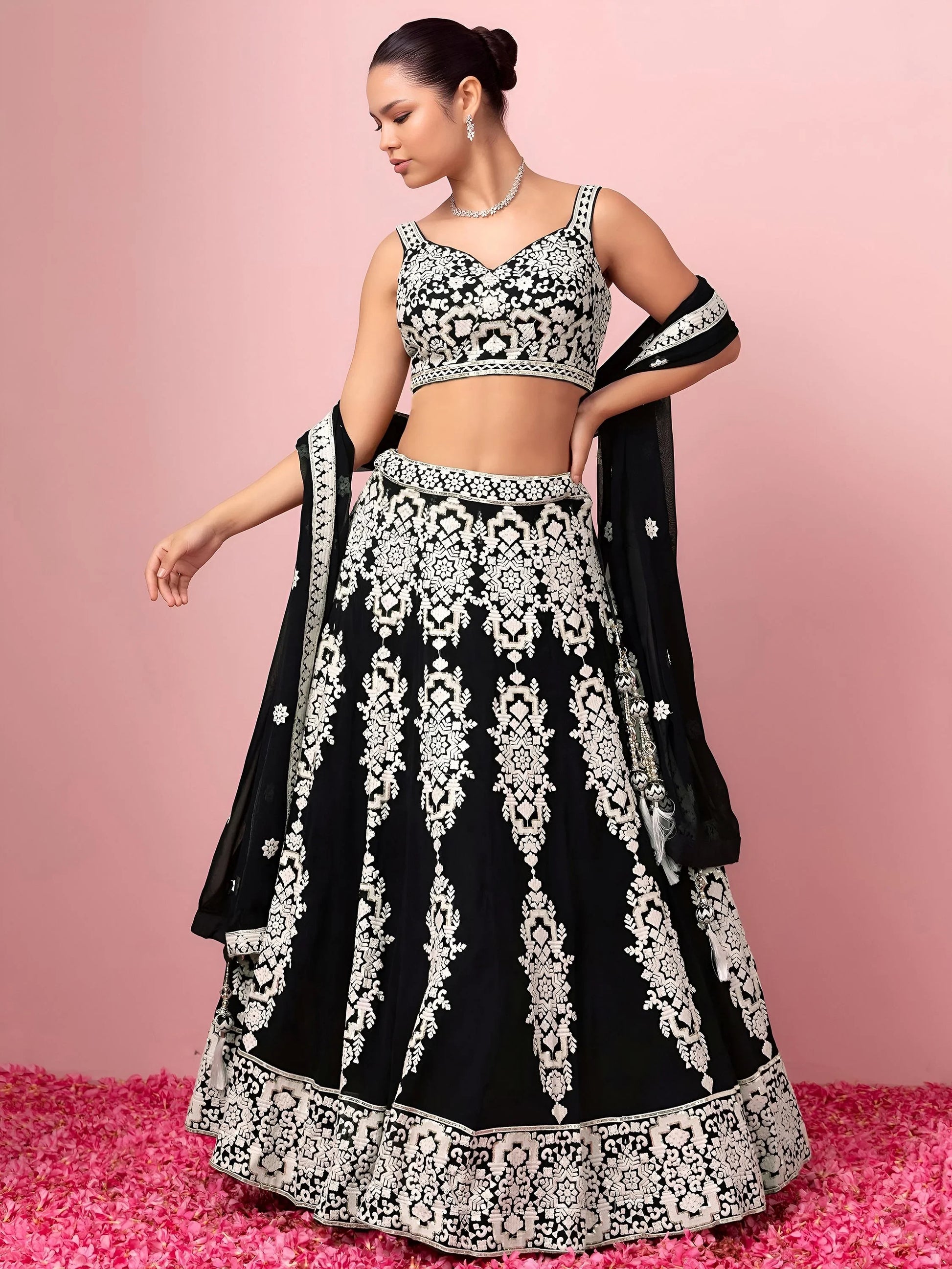 Glamorous Black Thread Work Georgette Traditional Wear Lehenga Choli