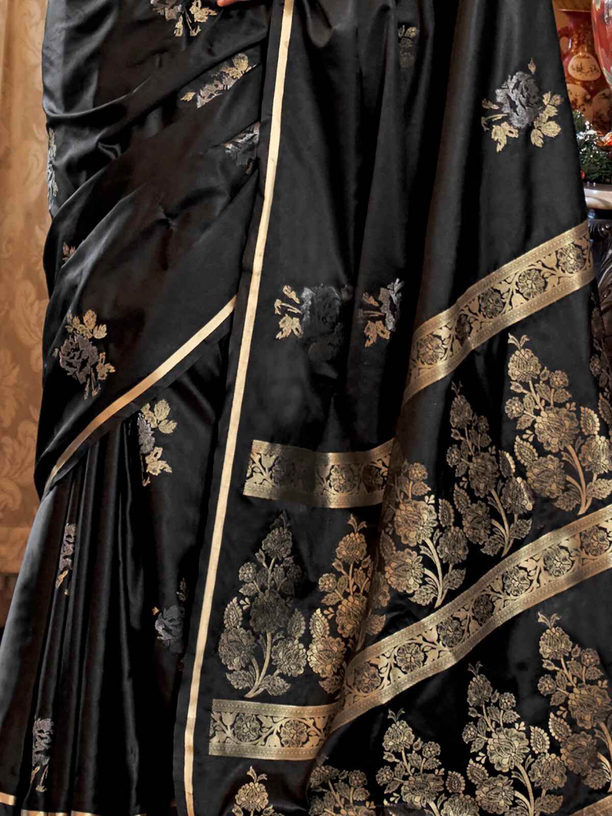 Glamorous Black Zari Weaving Satin Traditional Saree With Blouse - Zeel Clothing
