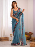 Glamorous Blue Embroidered Georgette Event Wear Saree With Blouse - Zeel Clothing