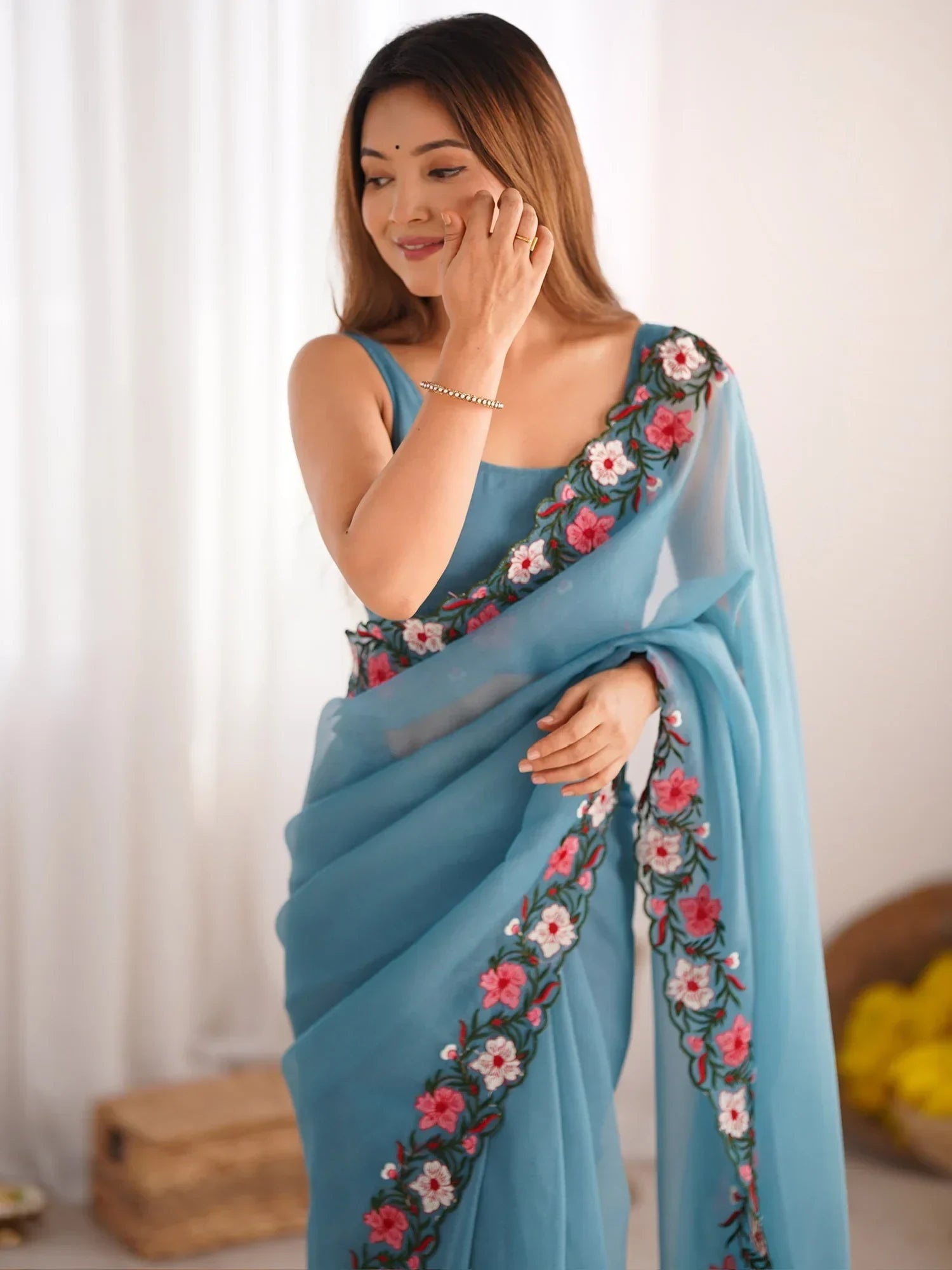 Glamorous Blue Embroidered Georgette Event Wear Saree With Blouse - Zeel Clothing