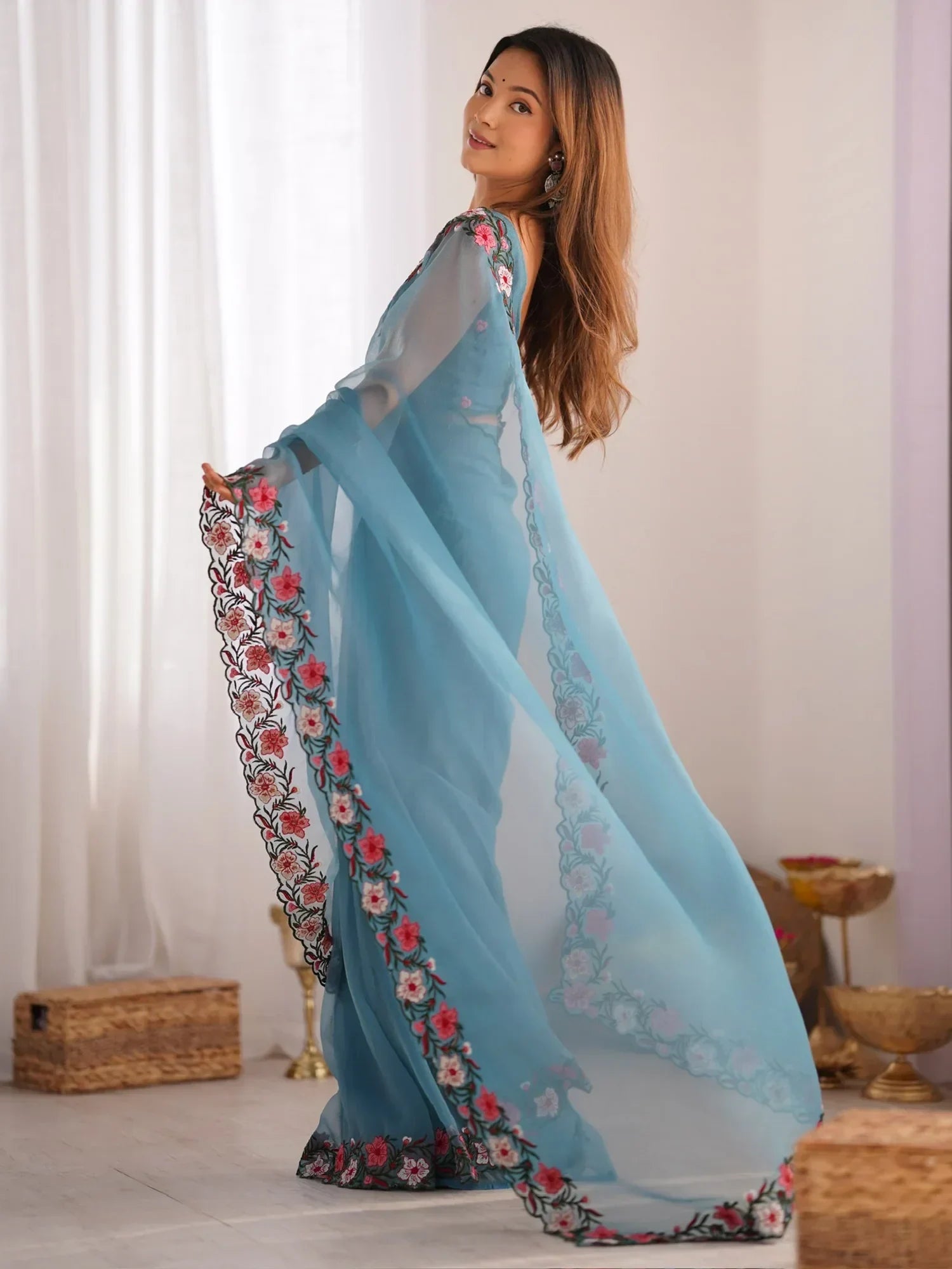 Glamorous Blue Embroidered Georgette Event Wear Saree With Blouse - Zeel Clothing