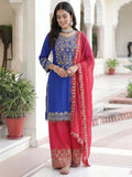 Glamorous Blue Embroidery Coding Chinon Festival Wear Palazzo Suit