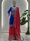 Glamorous Blue Embroidery Coding Chinon Festival Wear Palazzo Suit