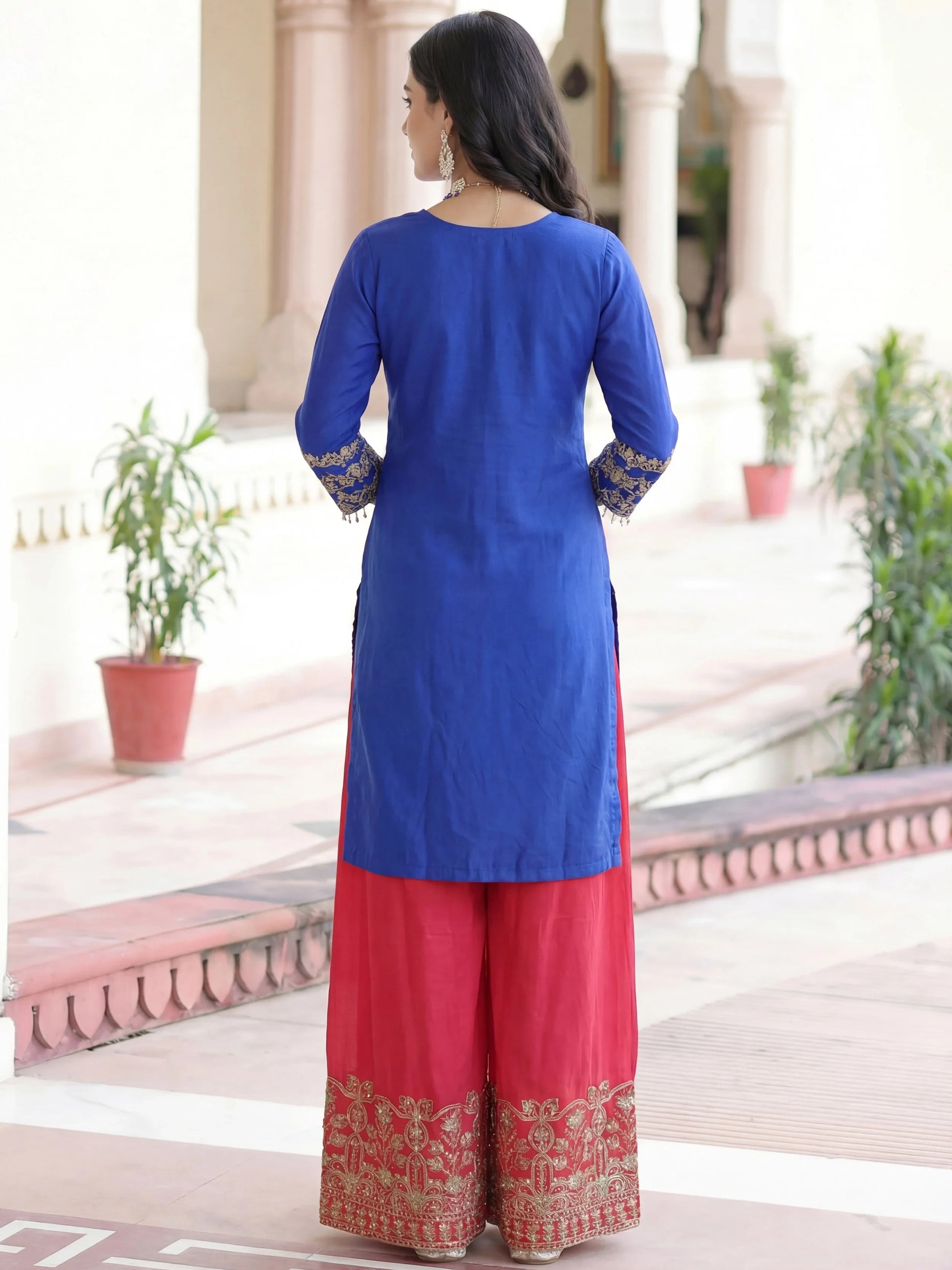 Glamorous Blue Embroidery Coding Chinon Festival Wear Palazzo Suit