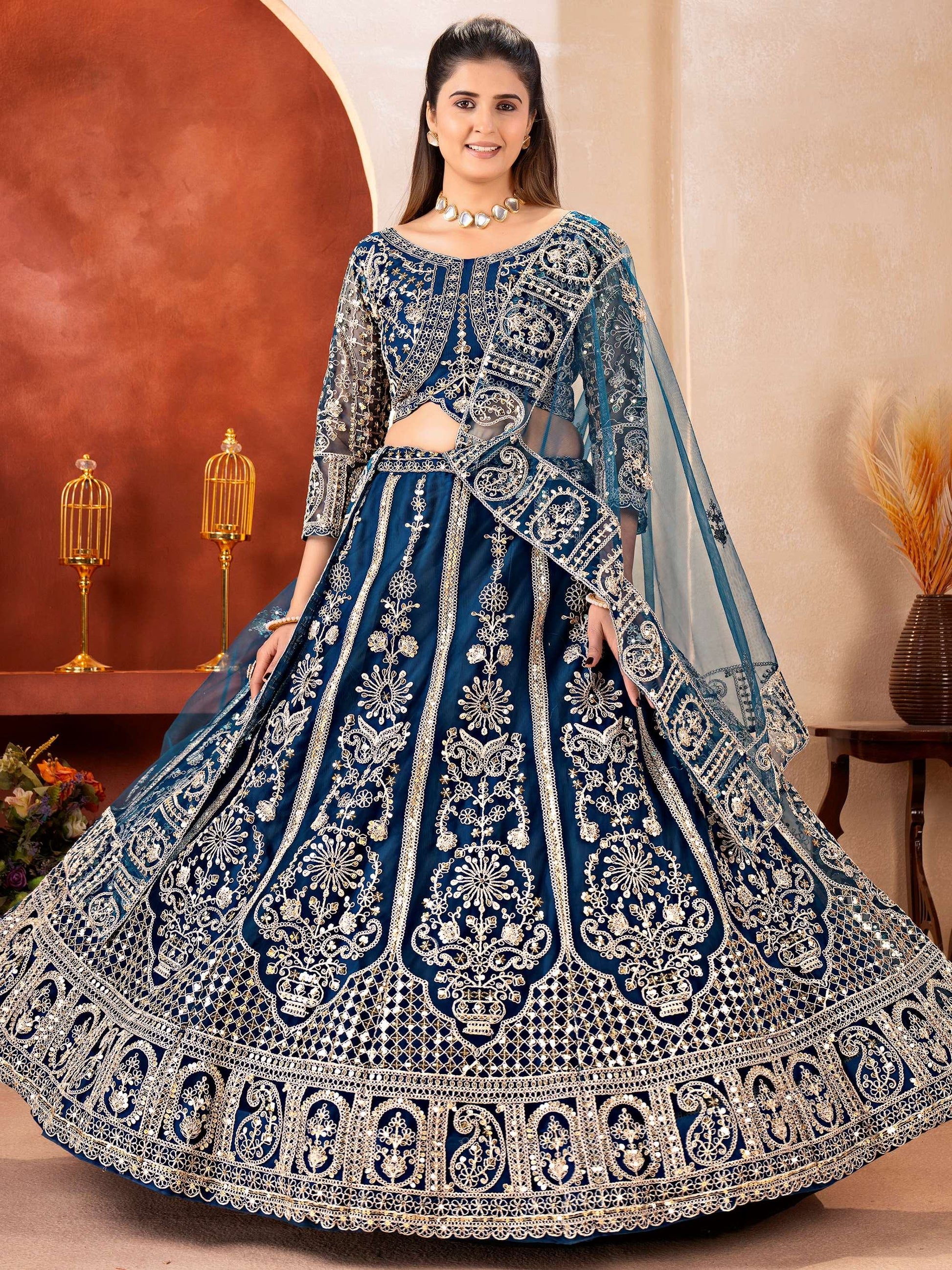 Glamorous Blue Sequins Net Reception Wear Lehenga Choli With Dupatta