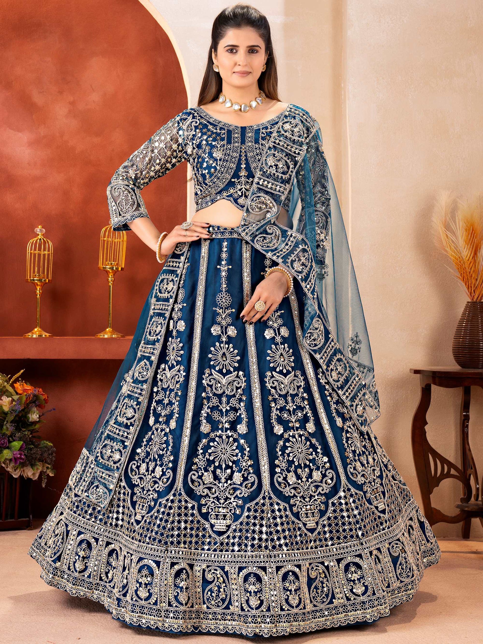 Glamorous Blue Sequins Net Reception Wear Lehenga Choli With Dupatta