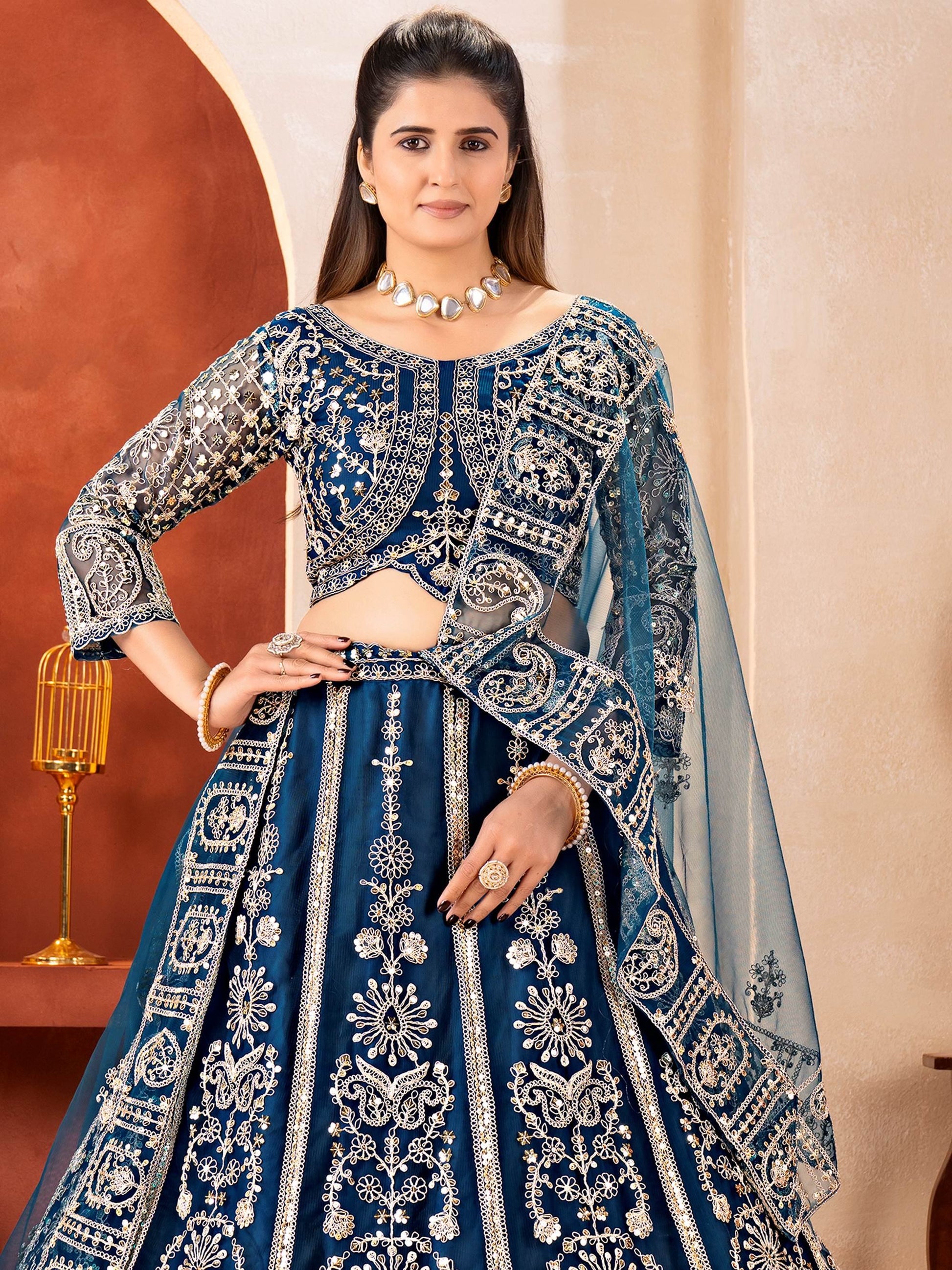 Glamorous Blue Sequins Net Reception Wear Lehenga Choli With Dupatta