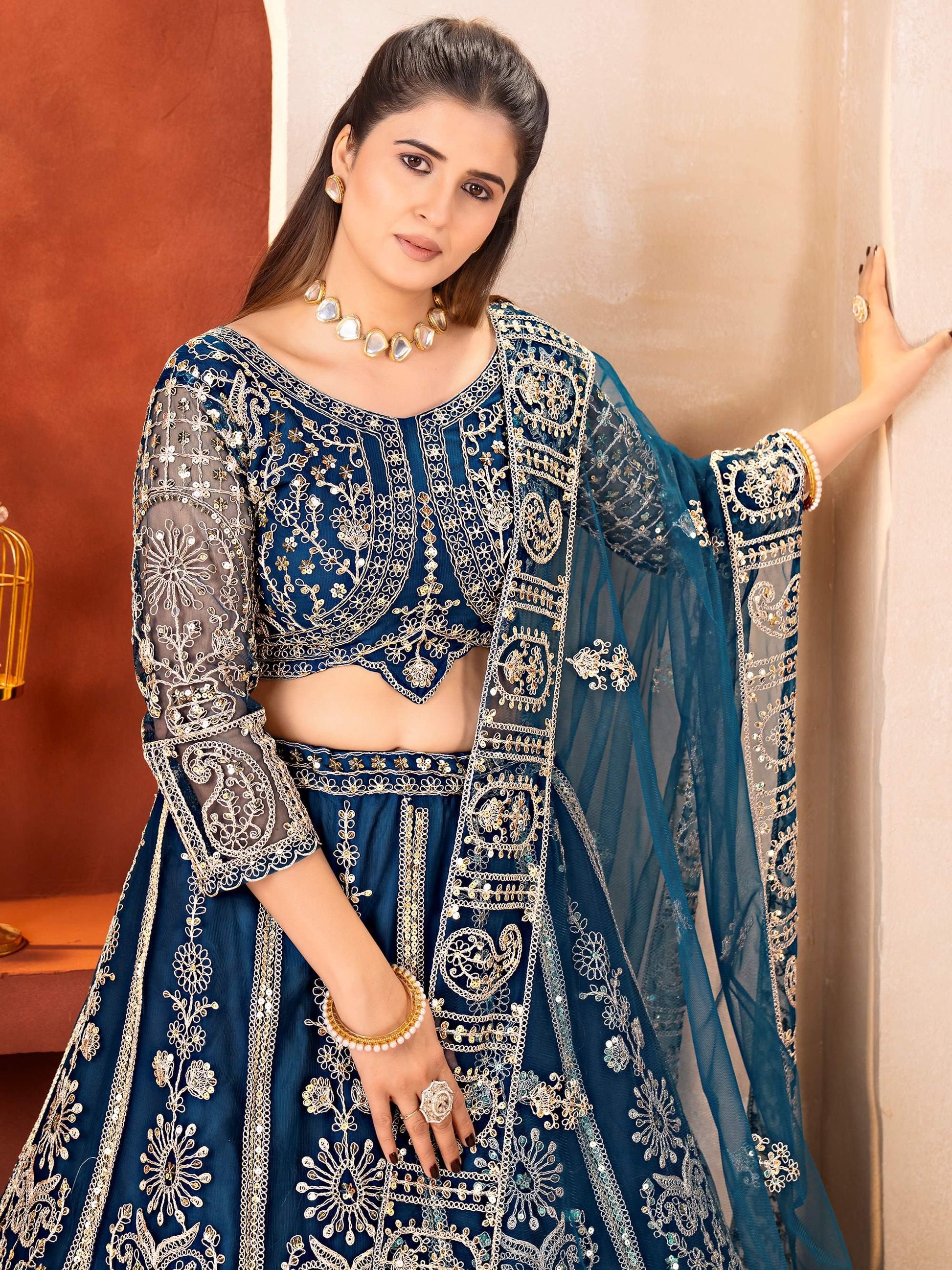 Glamorous Blue Sequins Net Reception Wear Lehenga Choli With Dupatta