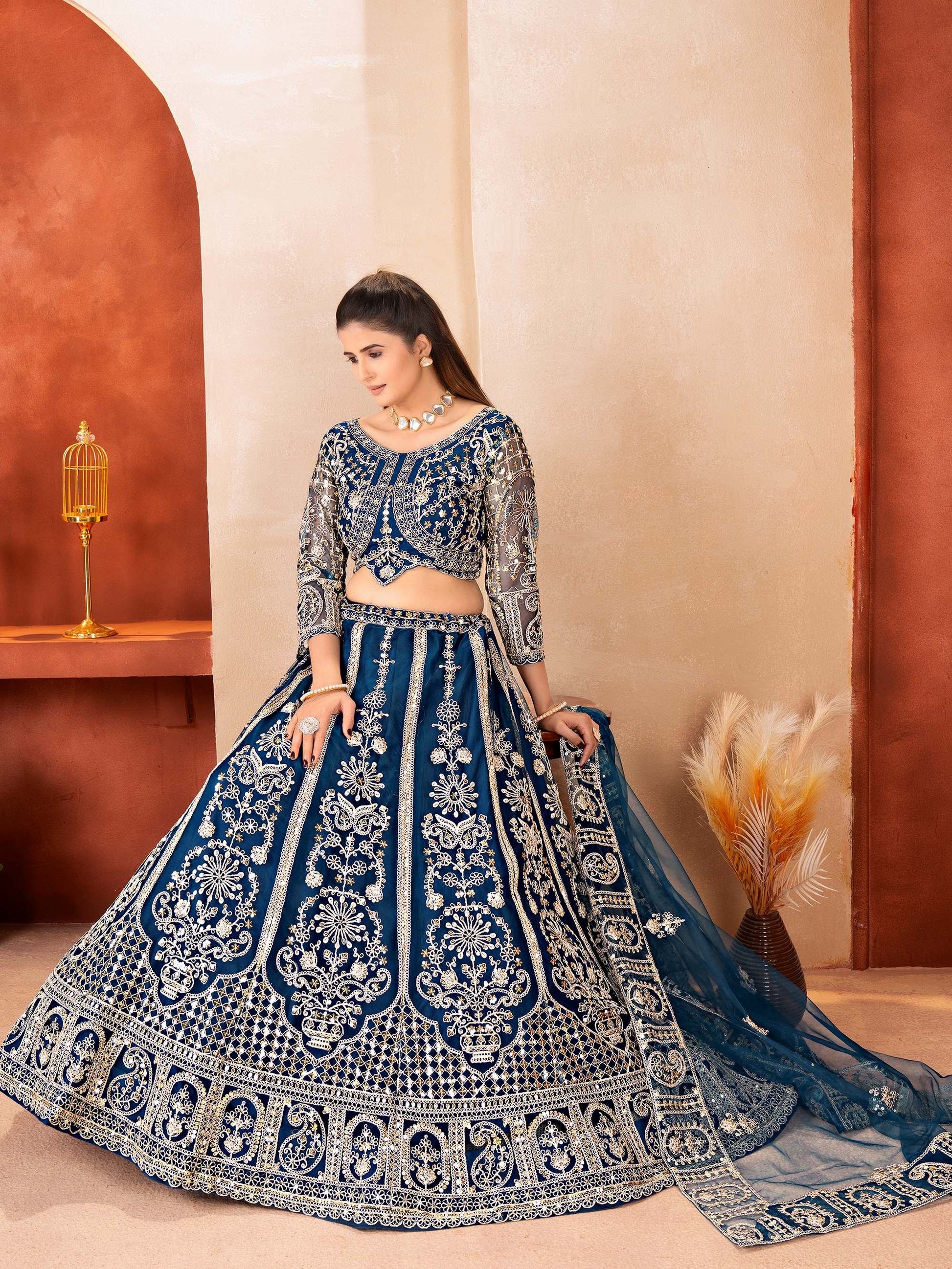 Glamorous Blue Sequins Net Reception Wear Lehenga Choli With Dupatta