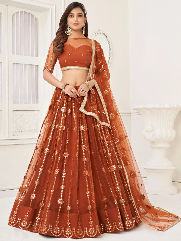 Glamorous Brown Mirror Work Net Wedding Wear Lehenga Choli - Zeel Clothing
