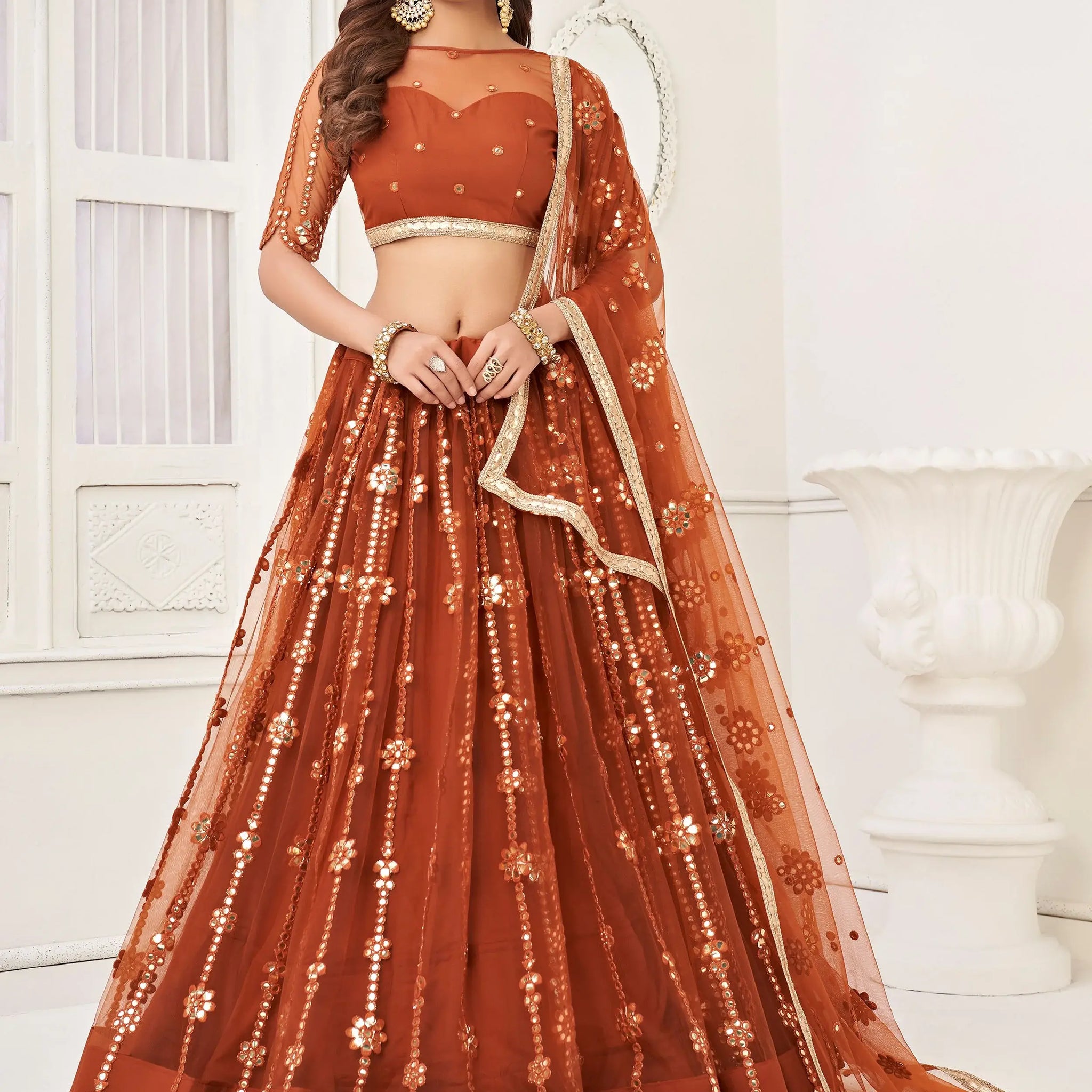 Glamorous Brown Mirror Work Net Wedding Wear Lehenga Choli - Zeel Clothing