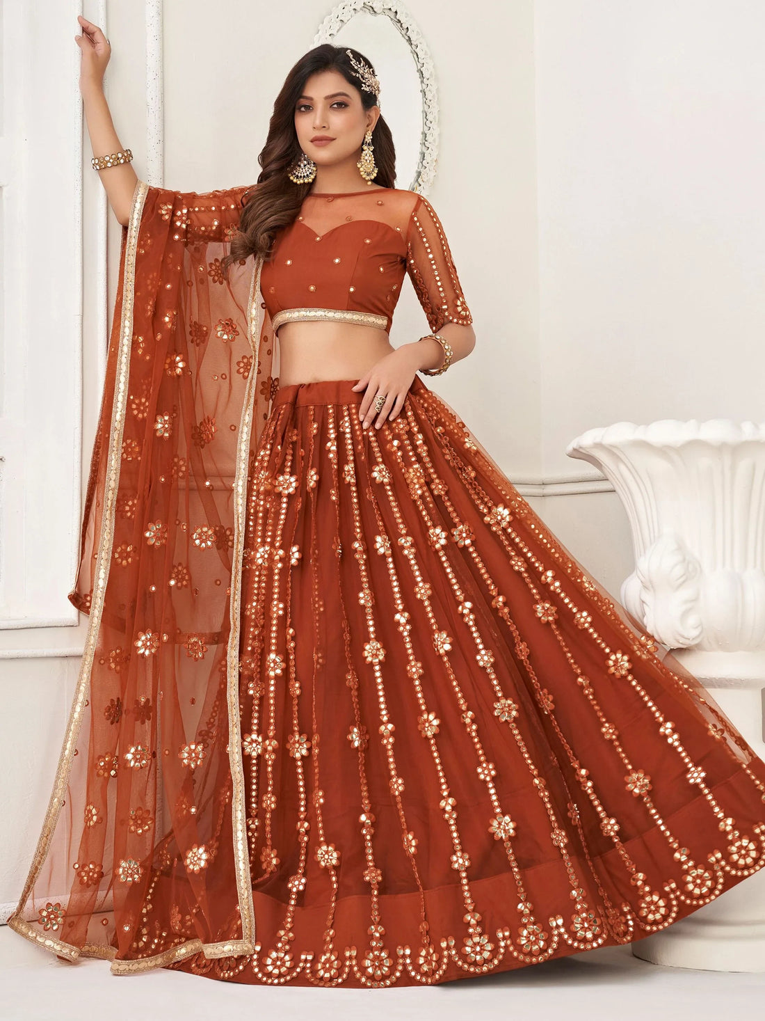 Glamorous Brown Mirror Work Net Wedding Wear Lehenga Choli - Zeel Clothing