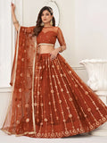 Glamorous Brown Mirror Work Net Wedding Wear Lehenga Choli - Zeel Clothing