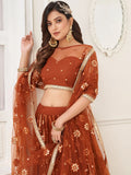 Glamorous Brown Mirror Work Net Wedding Wear Lehenga Choli - Zeel Clothing
