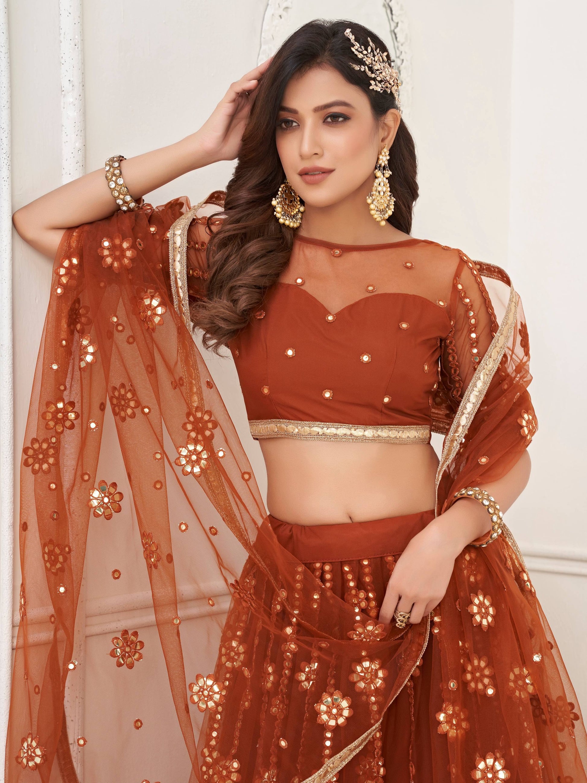 Glamorous Brown Mirror Work Net Wedding Wear Lehenga Choli - Zeel Clothing