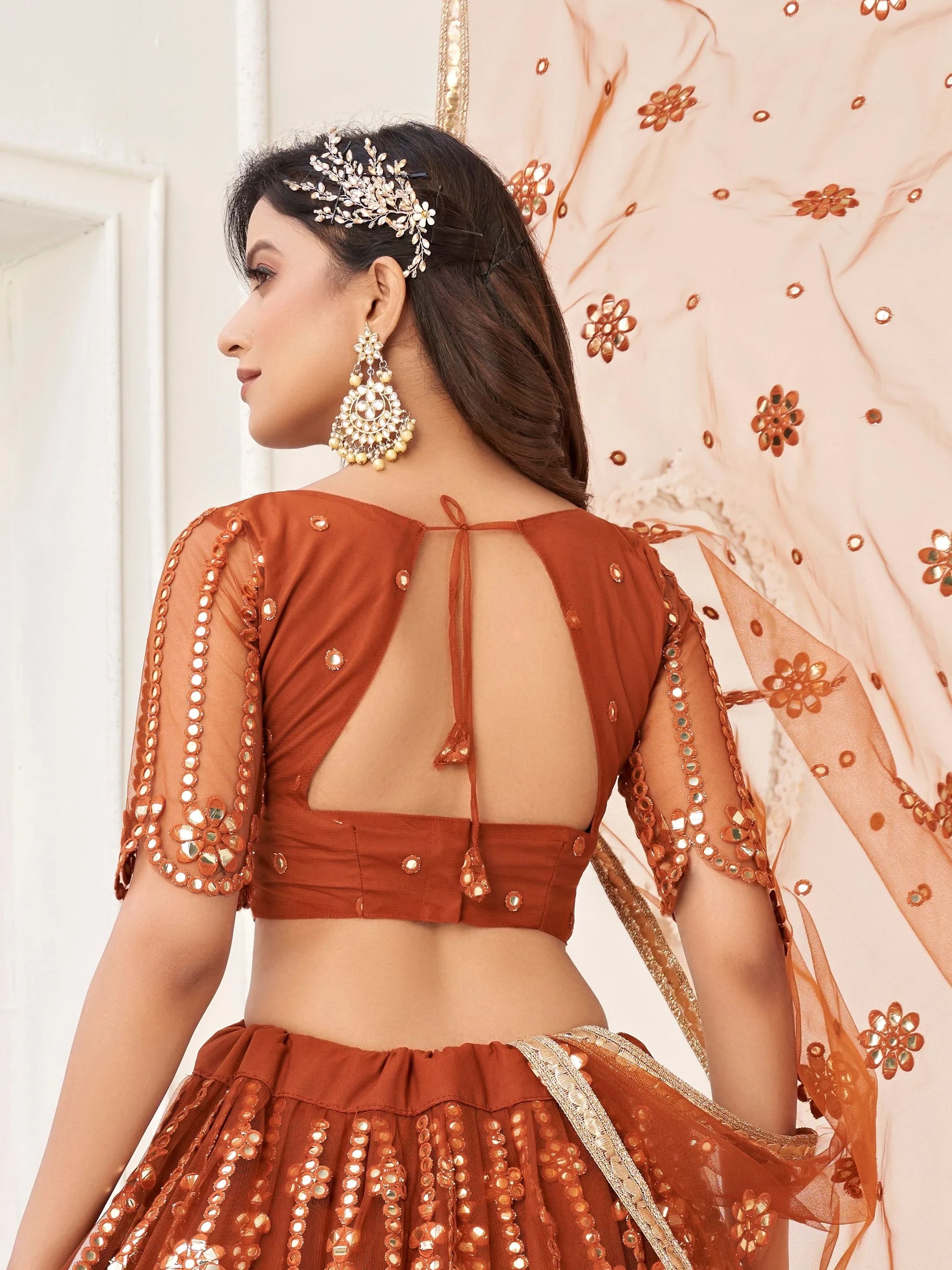Glamorous Brown Mirror Work Net Wedding Wear Lehenga Choli - Zeel Clothing