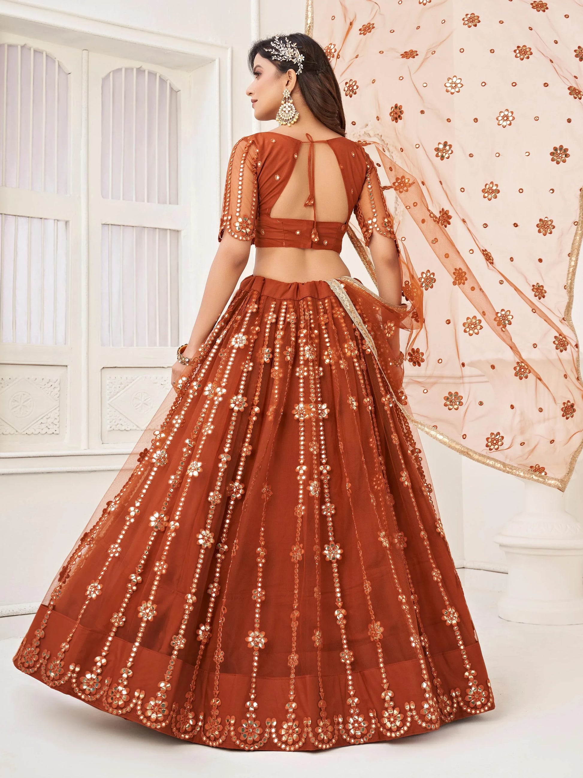 Glamorous Brown Mirror Work Net Wedding Wear Lehenga Choli - Zeel Clothing
