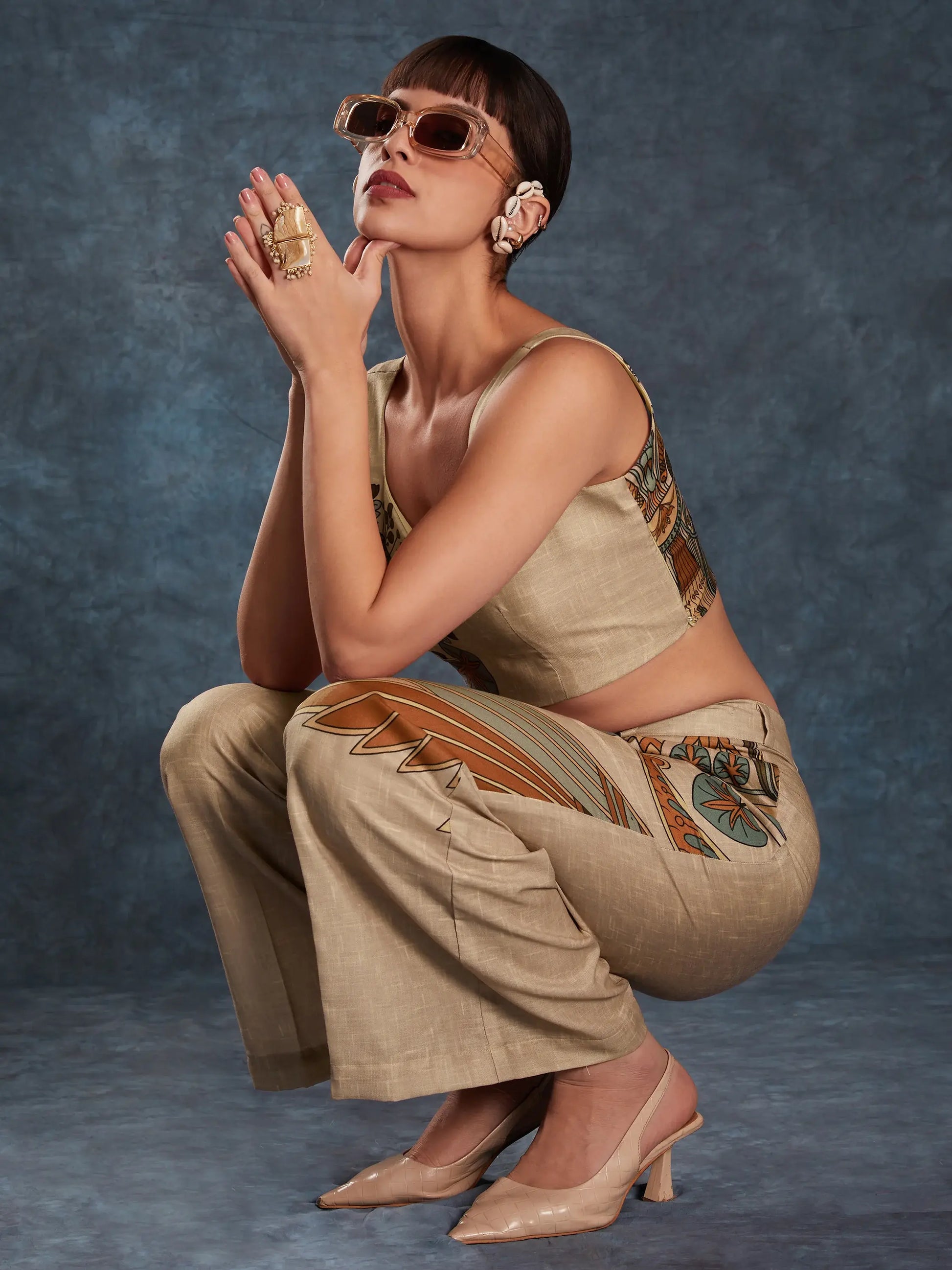 Glamorous Brown Printed Linen Western Wear Co-Ord Set - Zeel Clothing