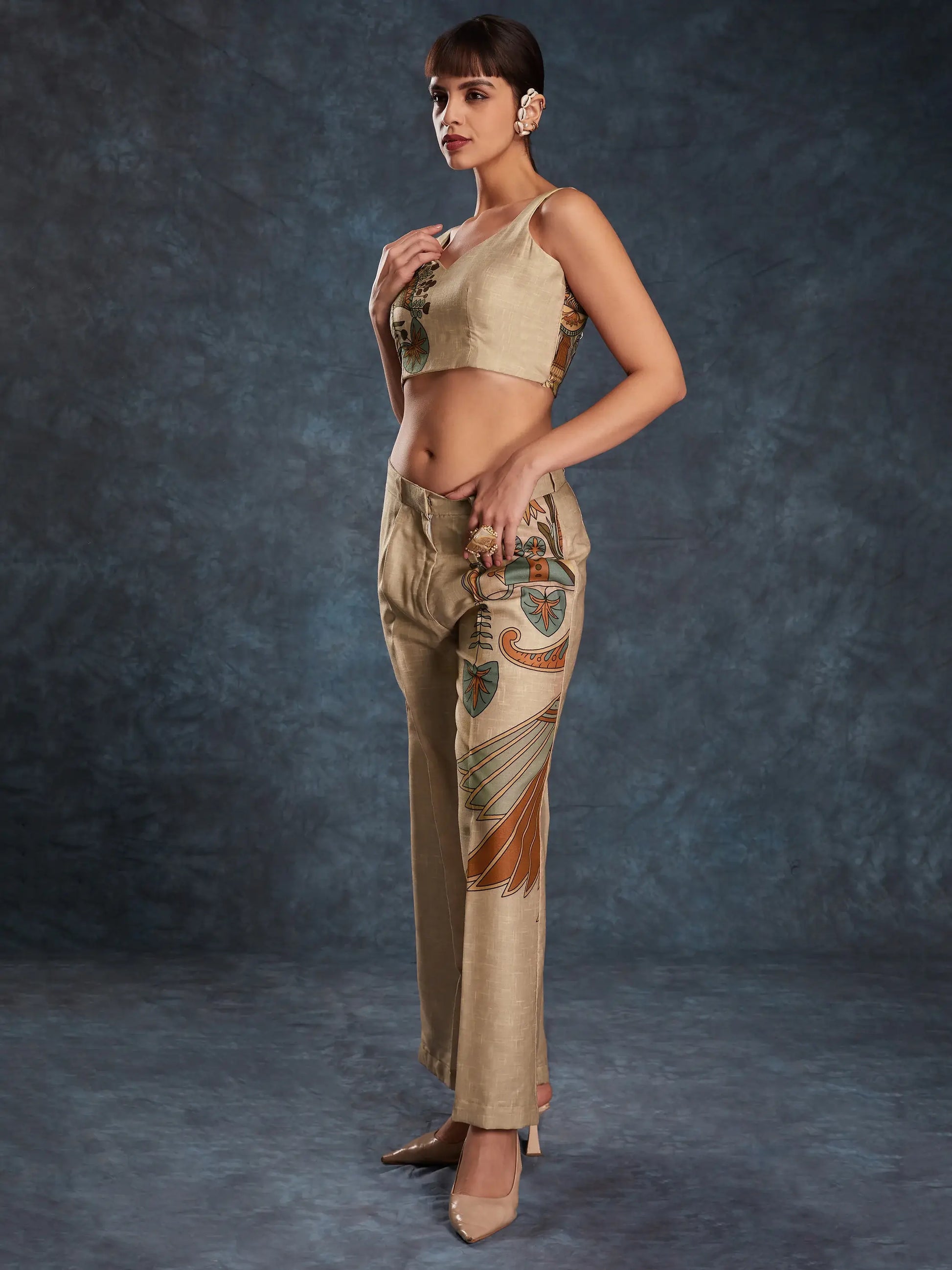Glamorous Brown Printed Linen Western Wear Co-Ord Set - Zeel Clothing