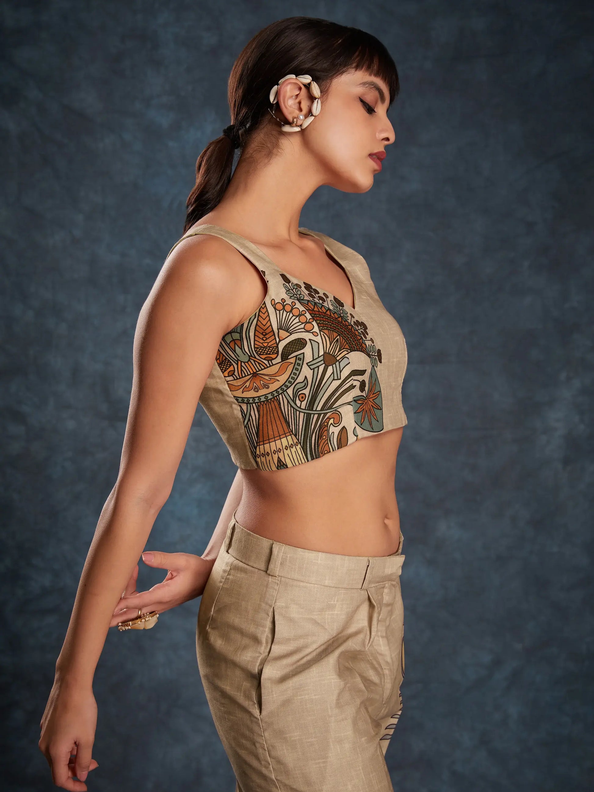 Glamorous Brown Printed Linen Western Wear Co-Ord Set - Zeel Clothing
