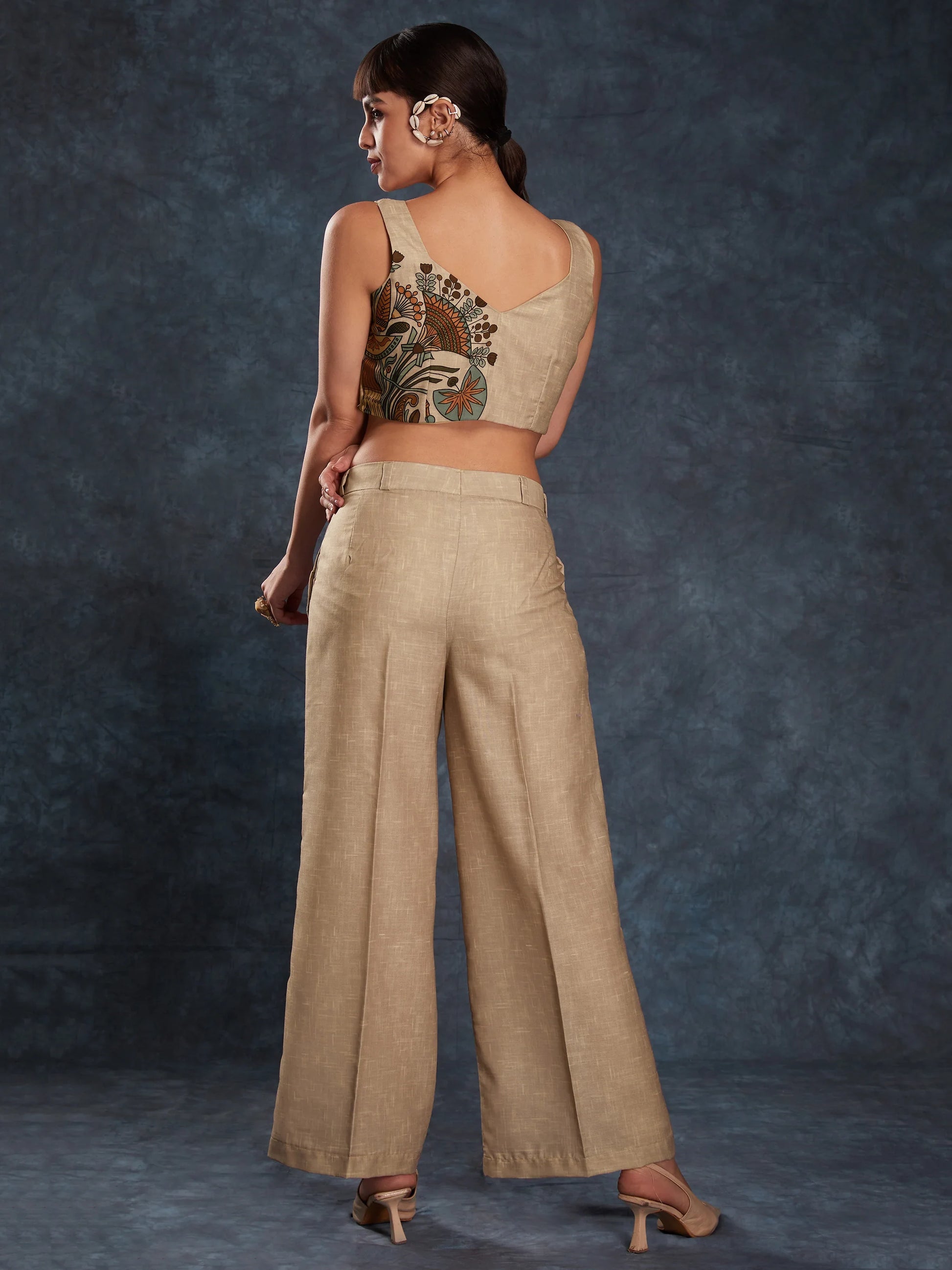 Glamorous Brown Printed Linen Western Wear Co-Ord Set - Zeel Clothing