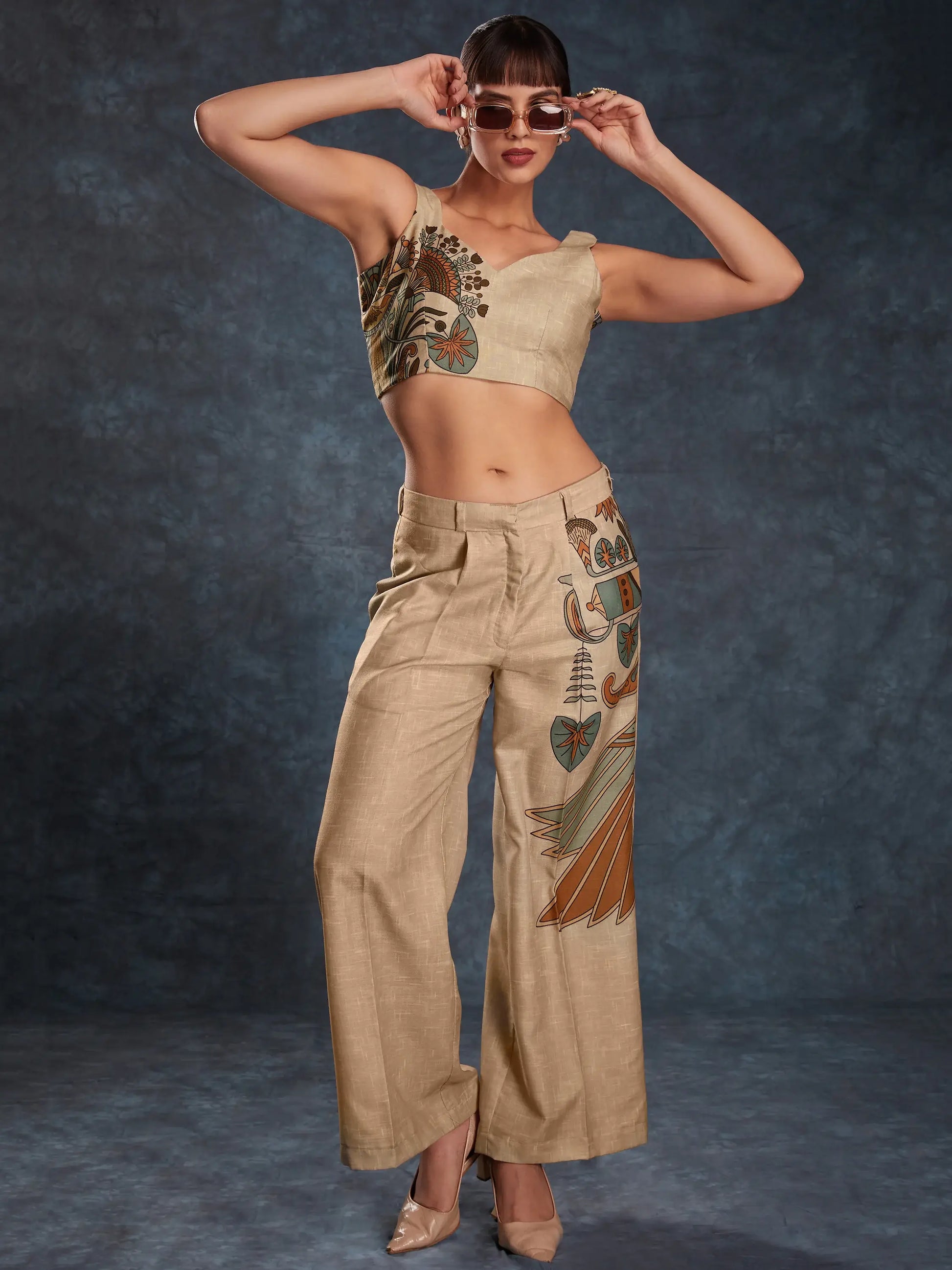 Glamorous Brown Printed Linen Western Wear Co-Ord Set - Zeel Clothing