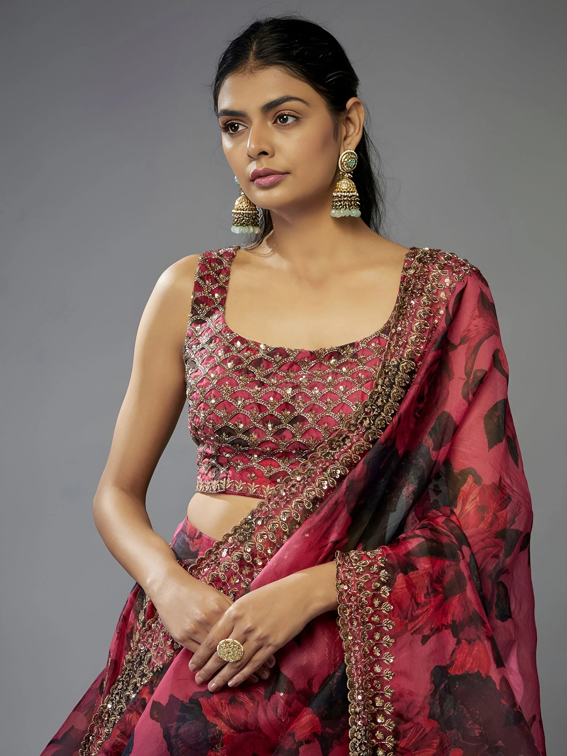 Glamorous Coral Pink Floral Printed Organza Reception Lehenga Choli