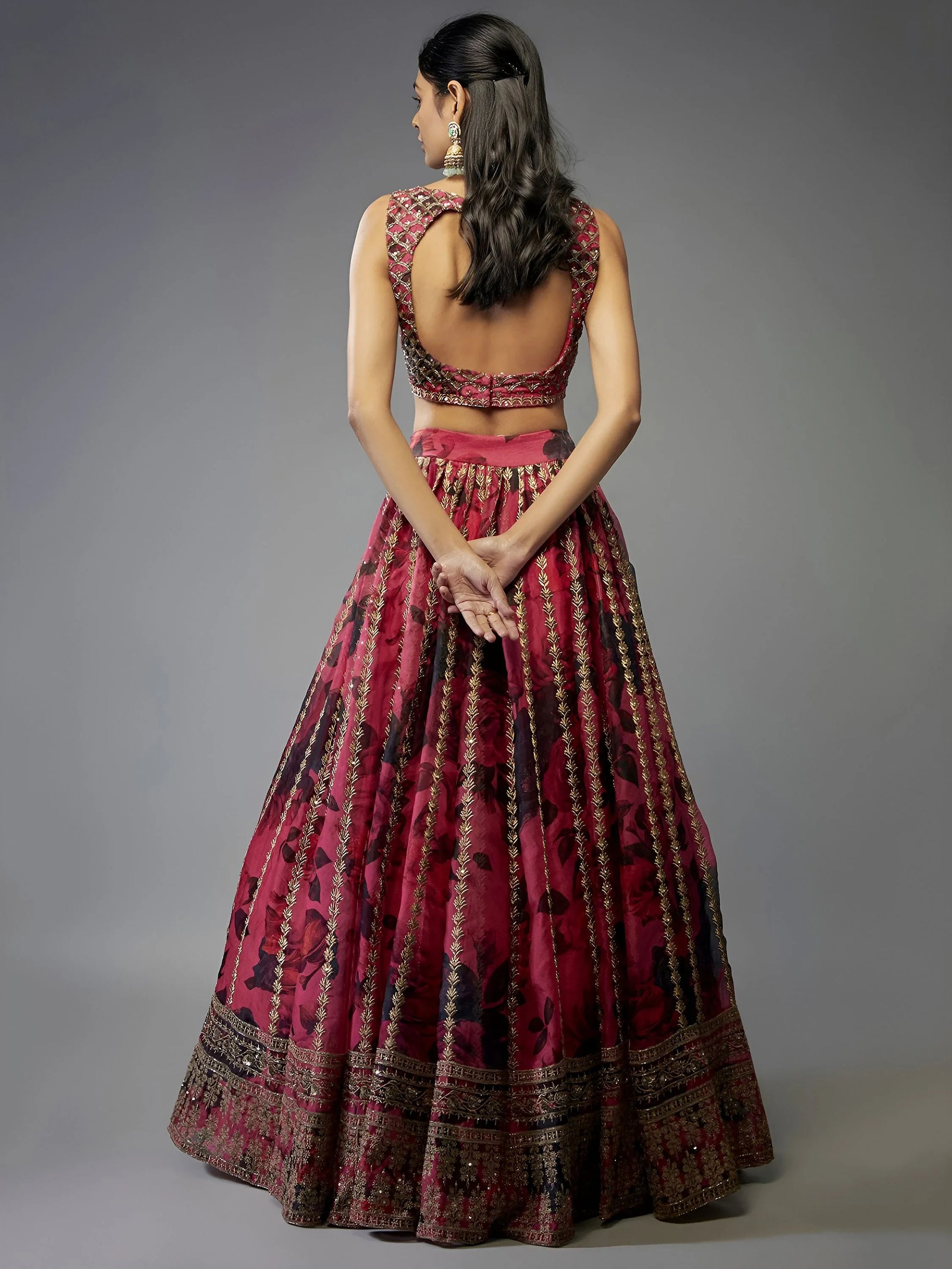 Glamorous Coral Pink Floral Printed Organza Reception Lehenga Choli