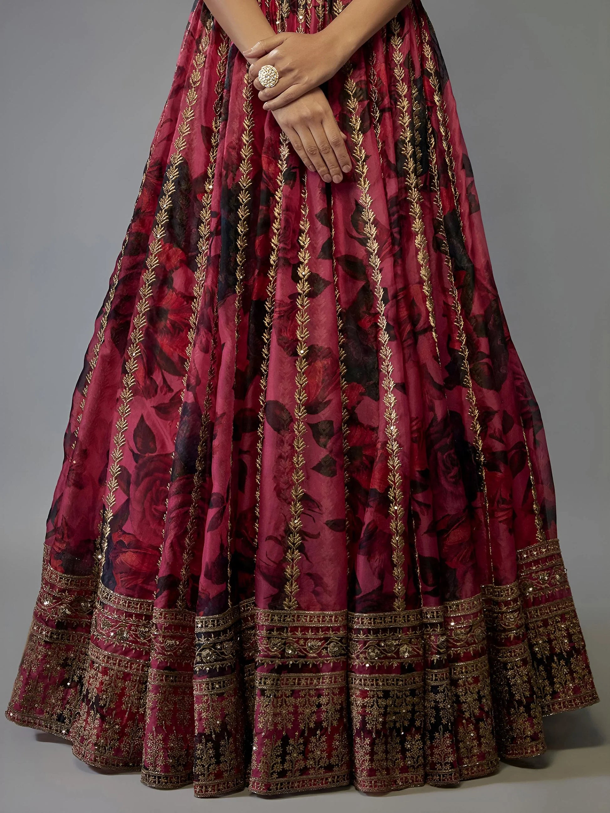 Glamorous Coral Pink Floral Printed Organza Reception Lehenga Choli