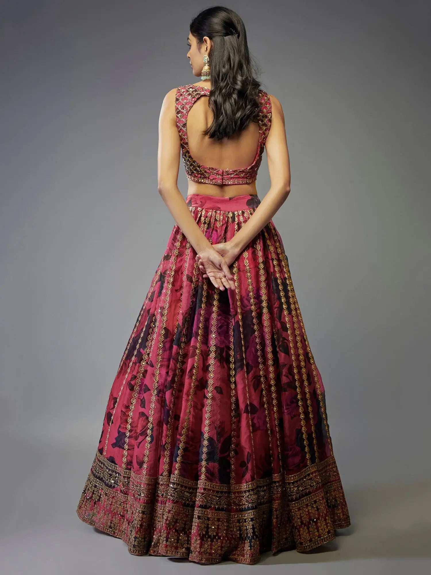 Glamorous Coral Pink Floral Printed Organza Reception Lehenga Choli - Zeel Clothing