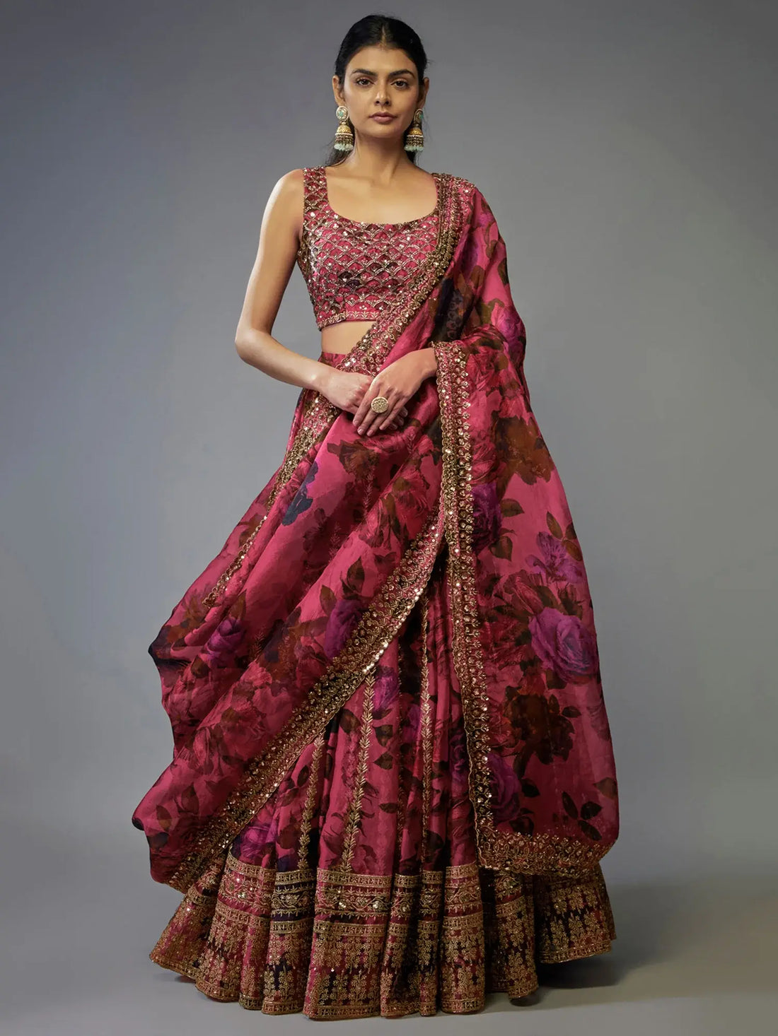 Glamorous Coral Pink Floral Printed Organza Reception Lehenga Choli - Zeel Clothing