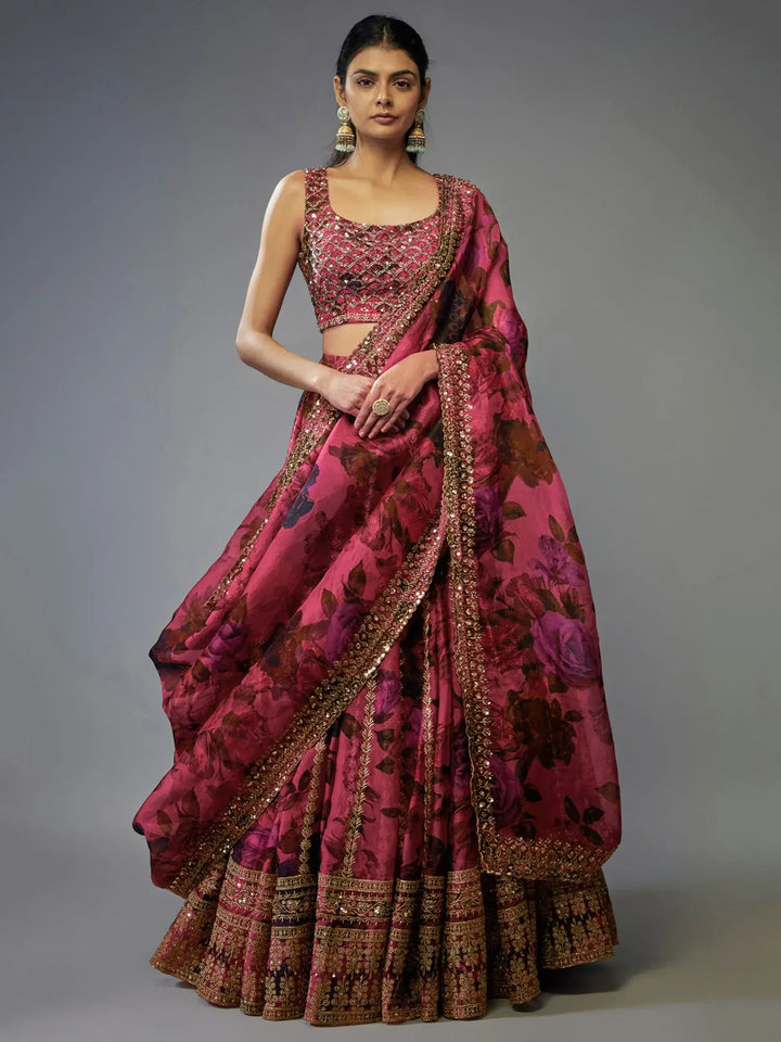 Glamorous Coral Pink Floral Printed Organza Reception Lehenga Choli - Zeel Clothing