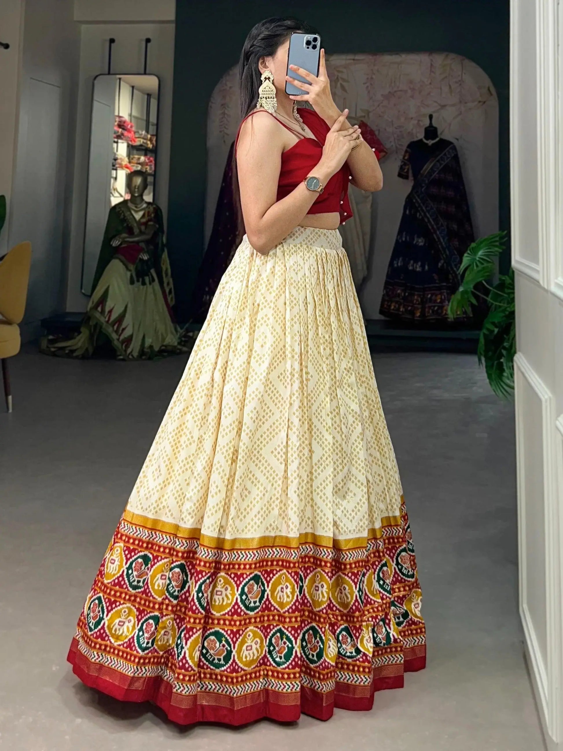 Glamorous Cream Patola Printed Silk Festival Wear Crop Top Lehenga - Zeel Clothing
