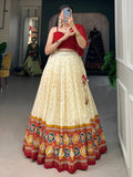 Glamorous Cream Patola Printed Silk Festival Wear Crop Top Lehenga - Zeel Clothing
