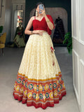 Glamorous Cream Patola Printed Silk Festival Wear Crop Top Lehenga - Zeel Clothing