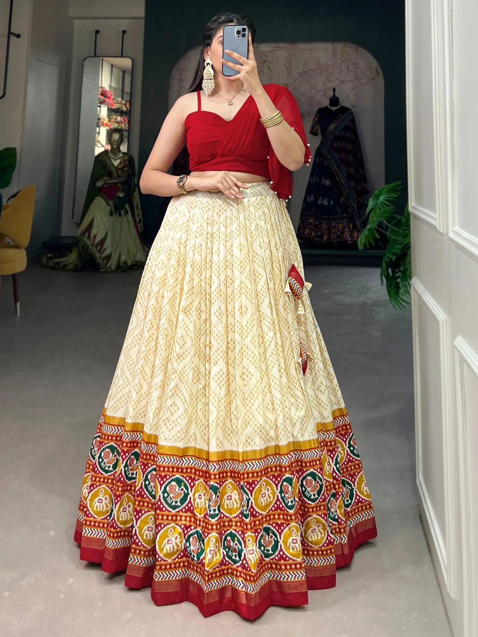 Glamorous Cream Patola Printed Silk Festival Wear Crop Top Lehenga - Zeel Clothing