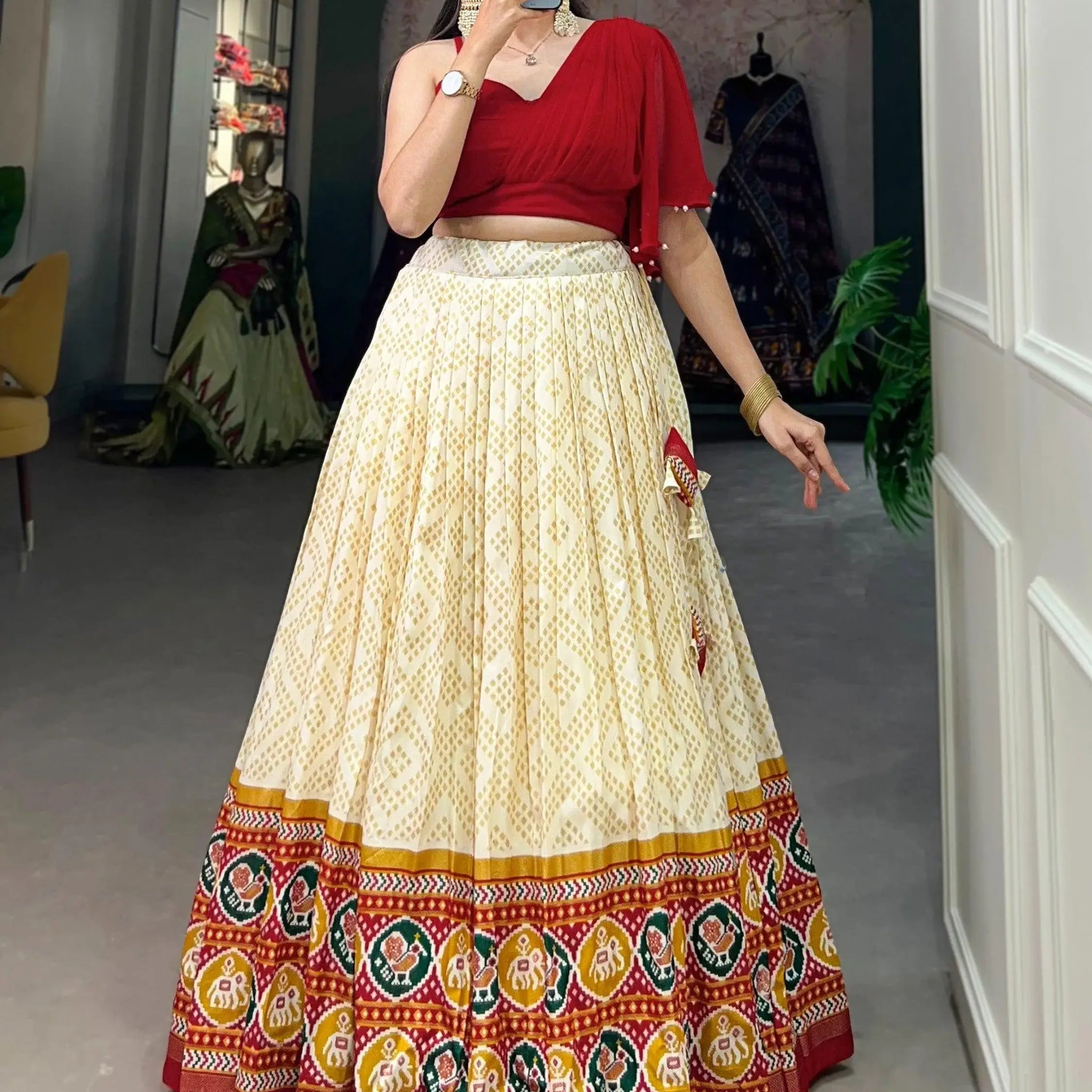 Glamorous Cream Patola Printed Silk Festival Wear Crop Top Lehenga - Zeel Clothing