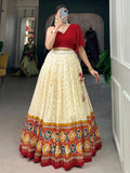 Glamorous Cream Patola Printed Silk Festival Wear Crop Top Lehenga - Zeel Clothing