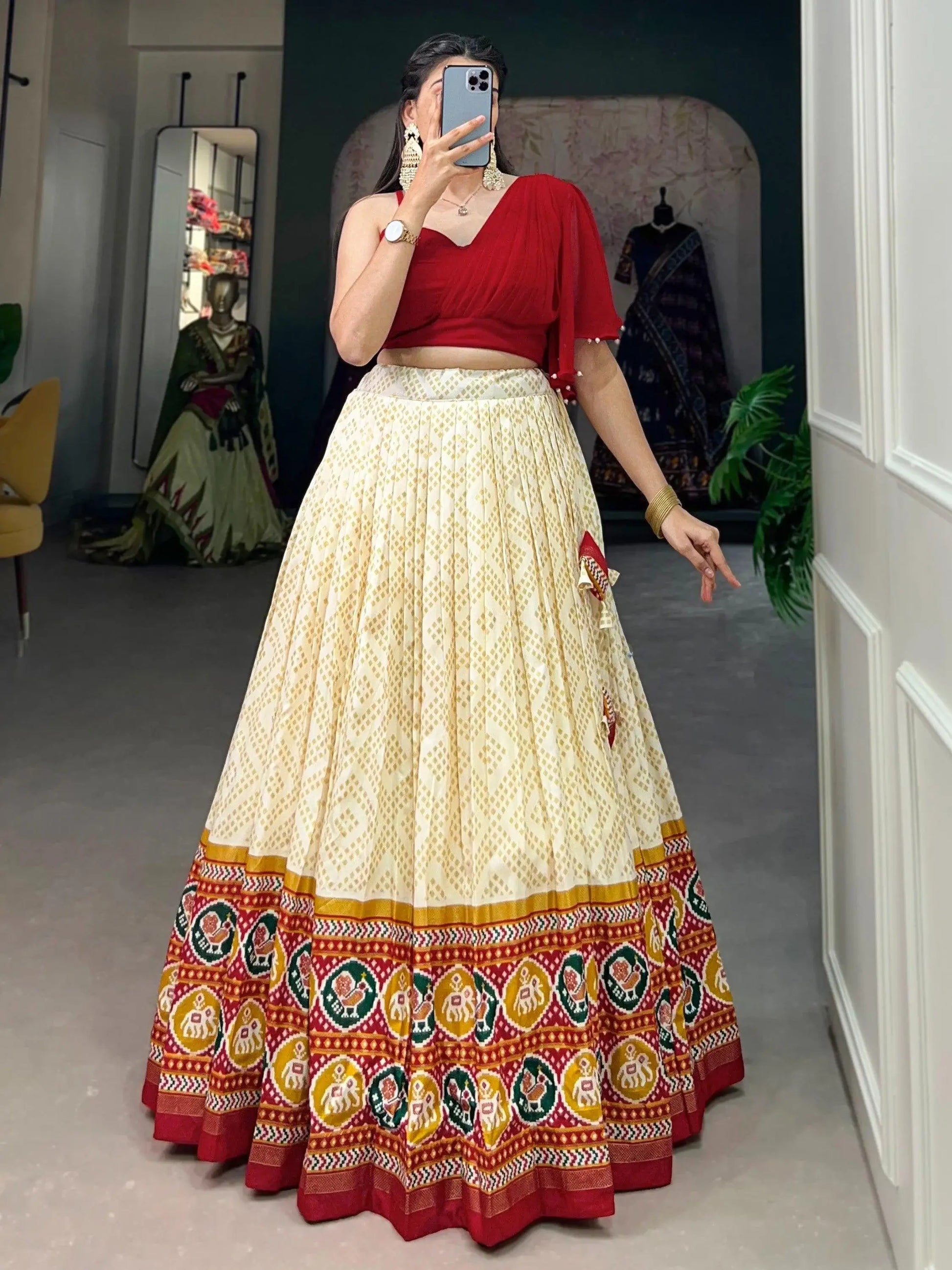 Glamorous Cream Patola Printed Silk Festival Wear Crop Top Lehenga - Zeel Clothing